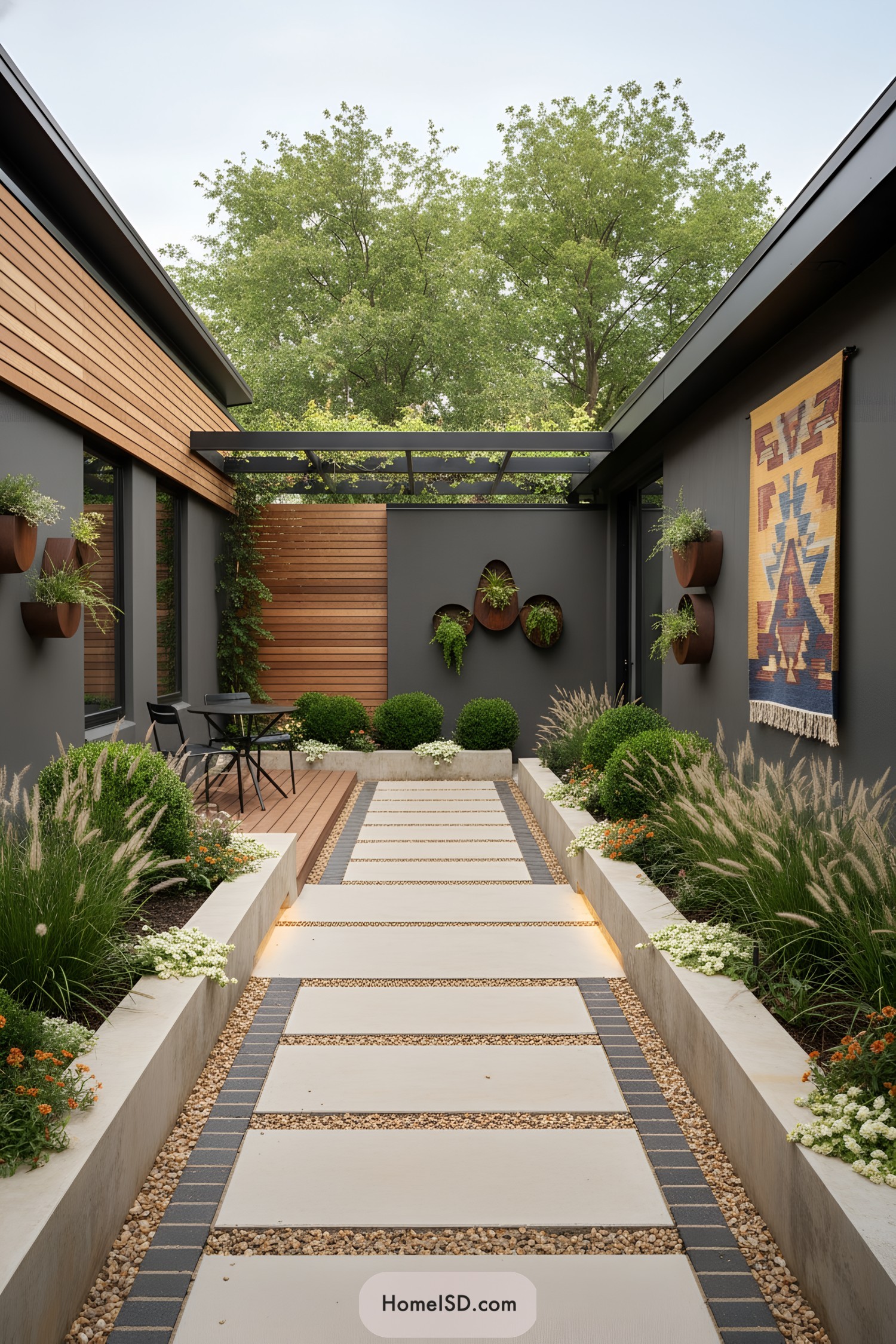 Narrow modern courtyard with linear paver path, planters, and wall-mounted decor