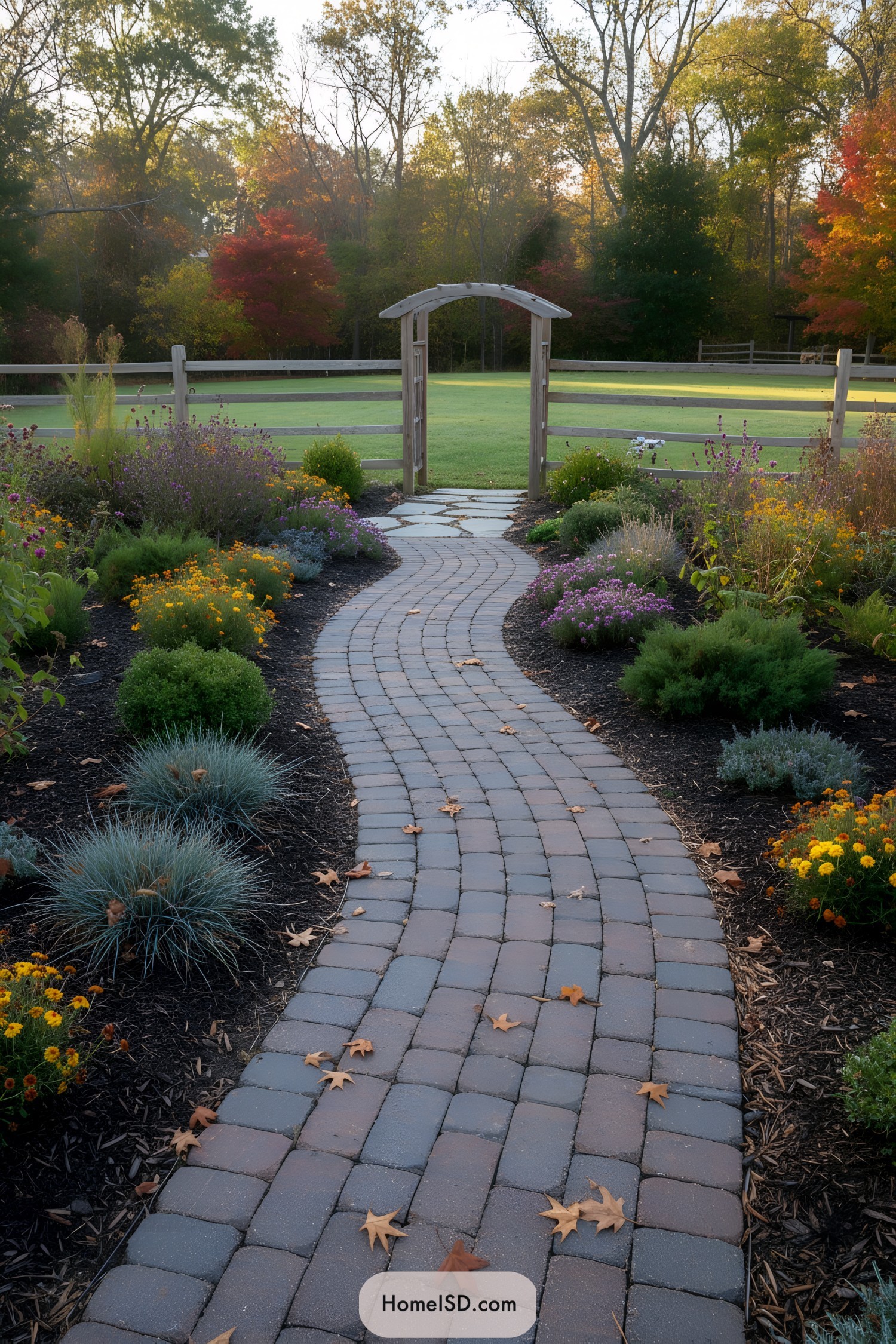 Curved paver path through colorful garden to wooden gate