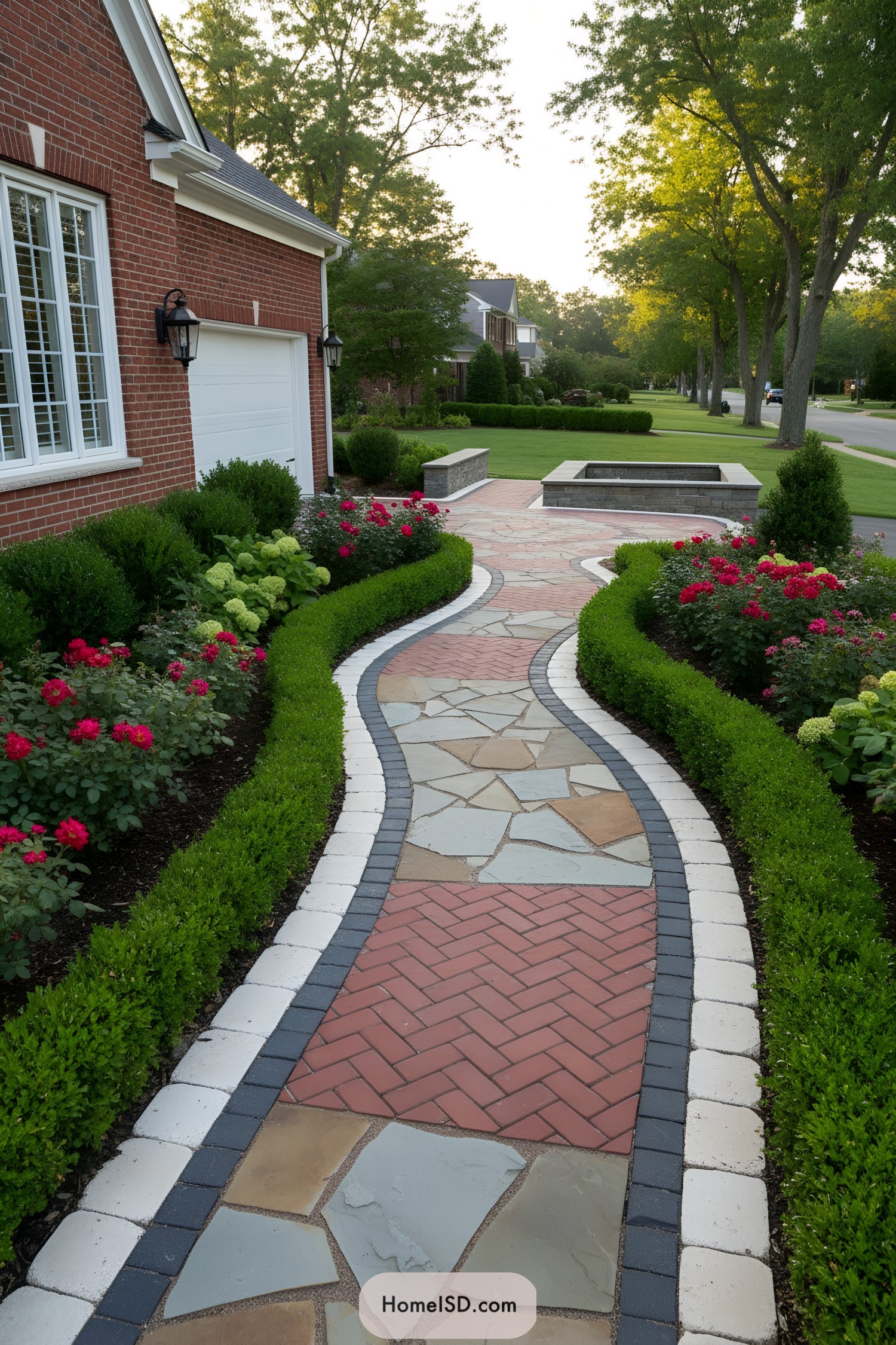 Curved mixed-stone front walkway bordered by roses