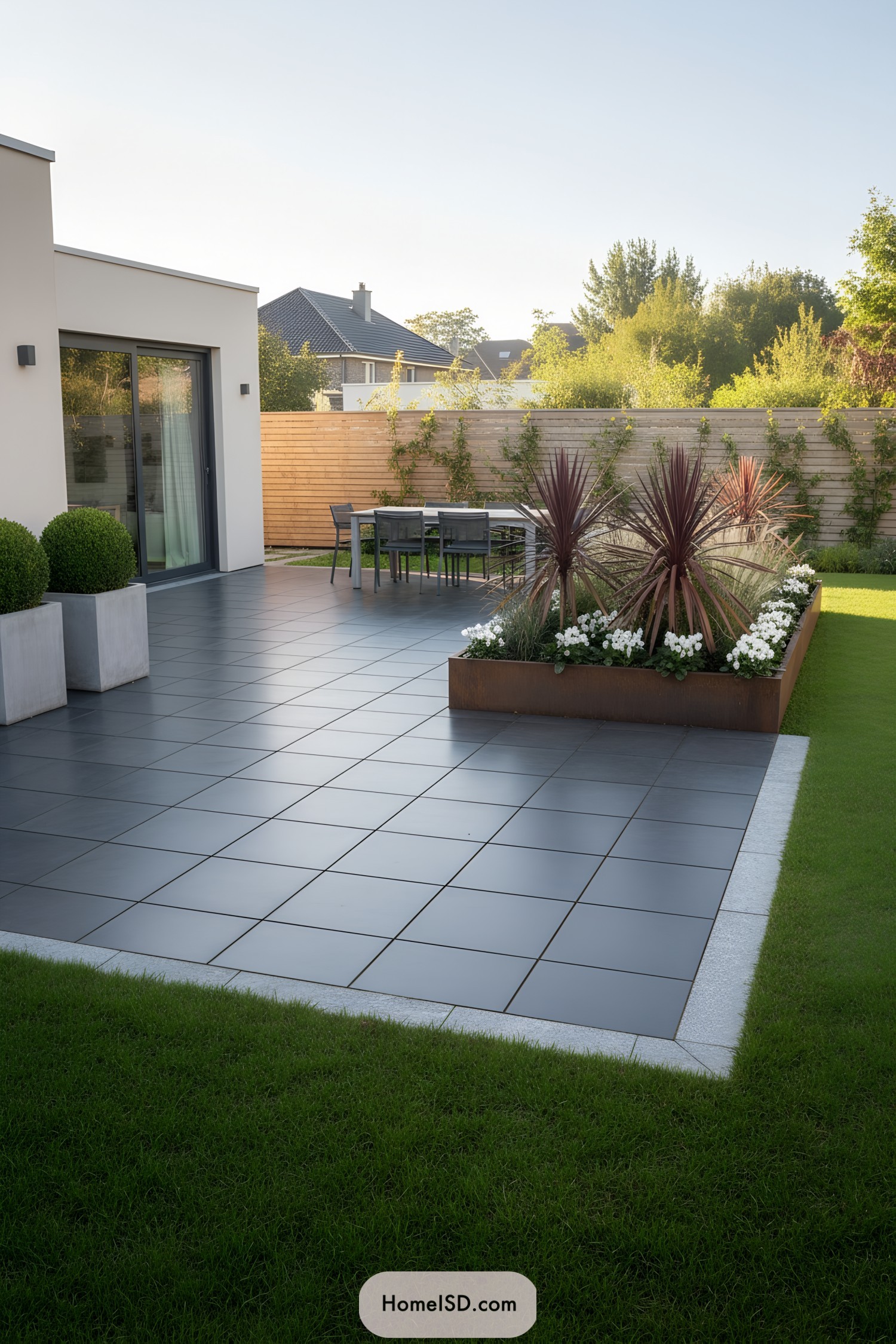 Modern tiled patio with raised planter