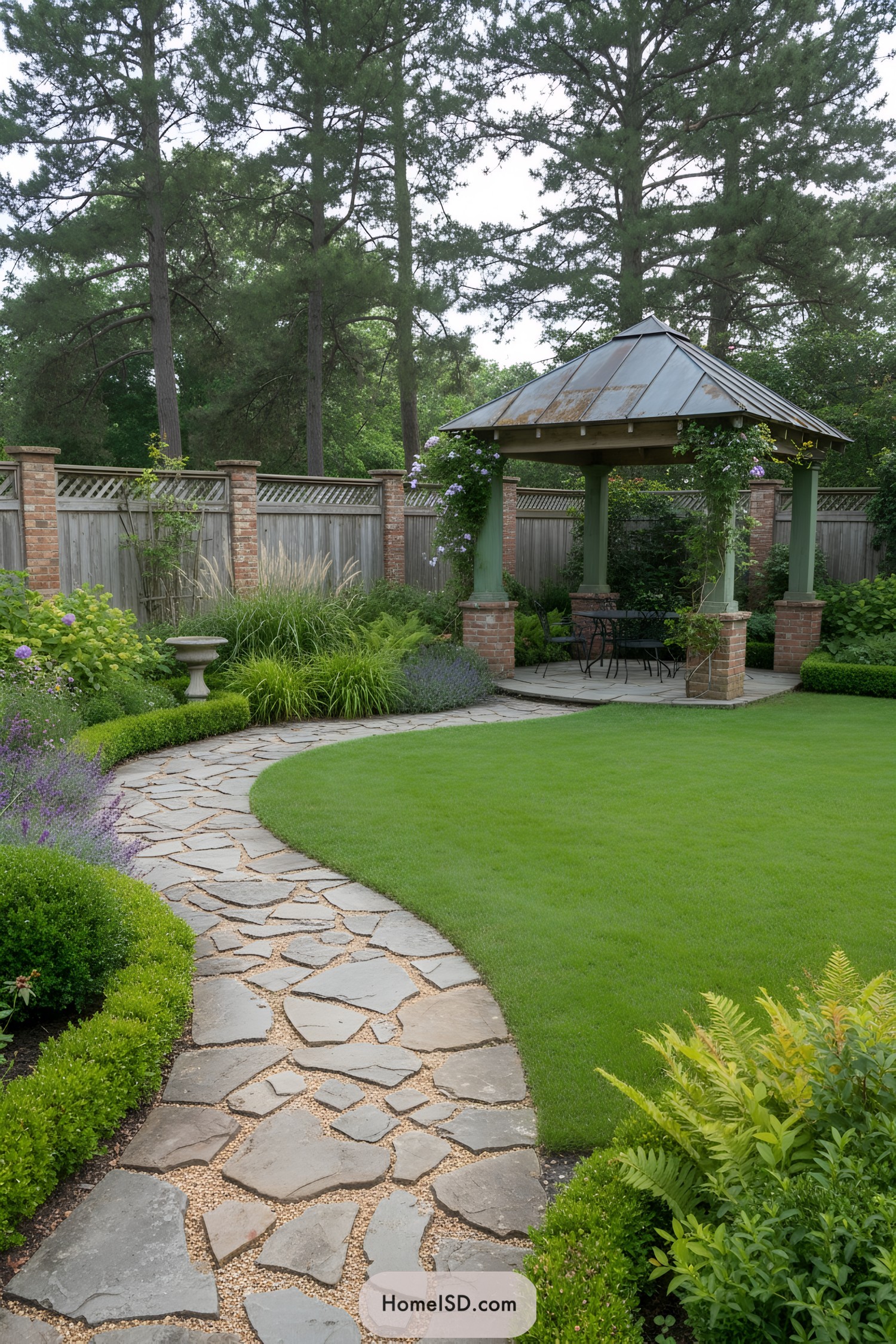 Curved flagstone path leading to a rustic garden pavilion surrounded by lush greenery