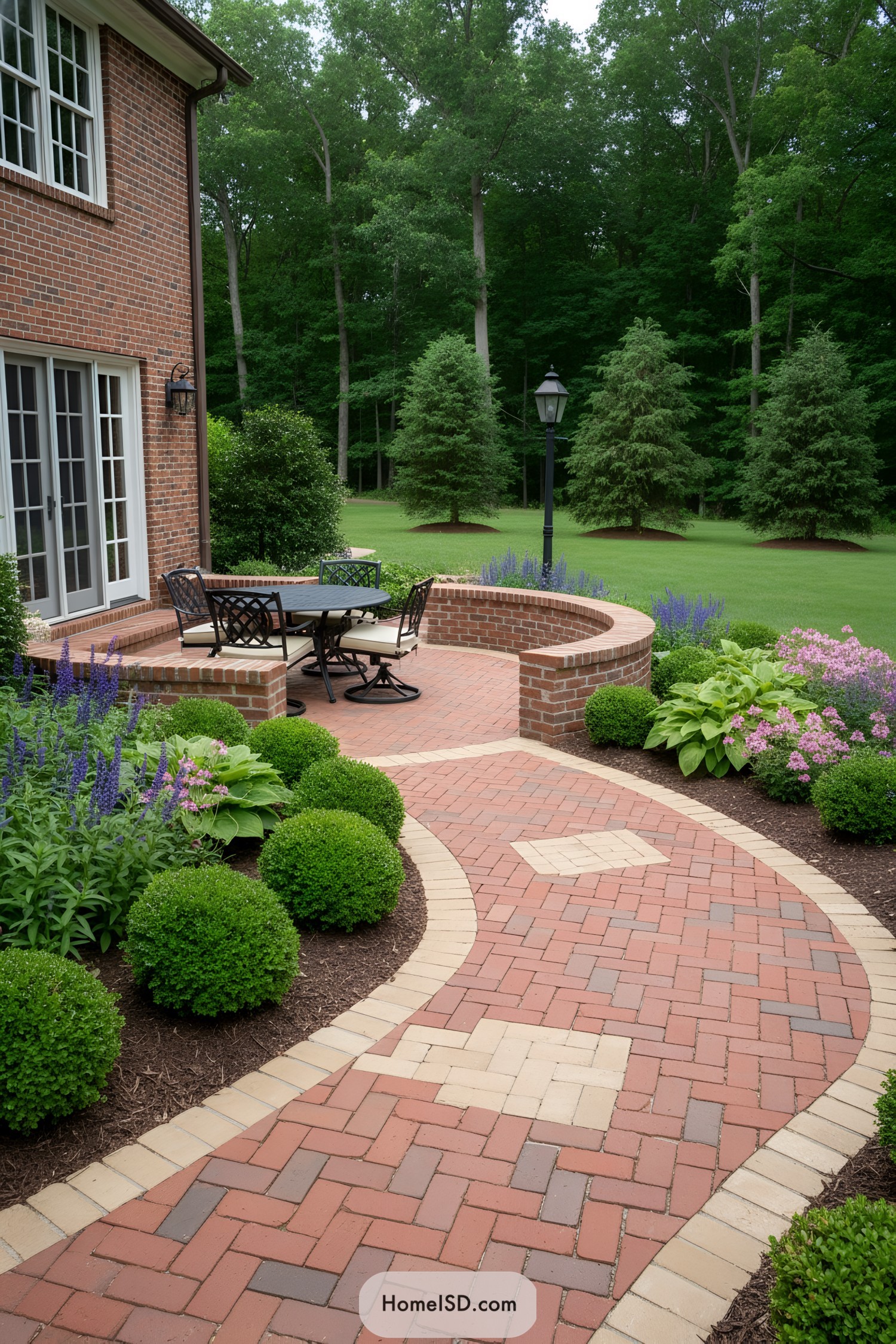 Curved brick patio with dining set, low walls, and manicured garden beds beside a wooded lawn