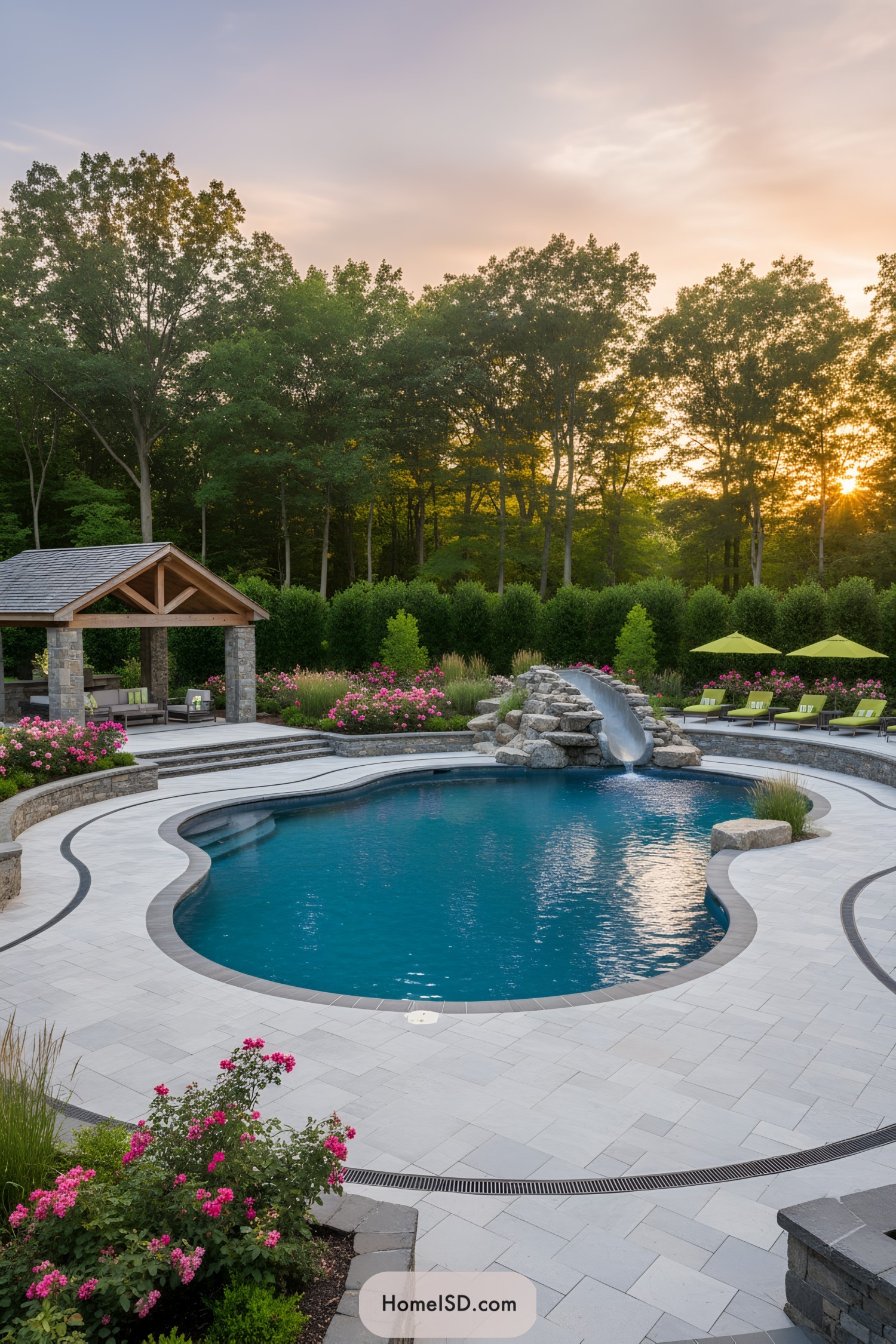 Curved pool with stone slide, pavilion seating, and flowering borders
