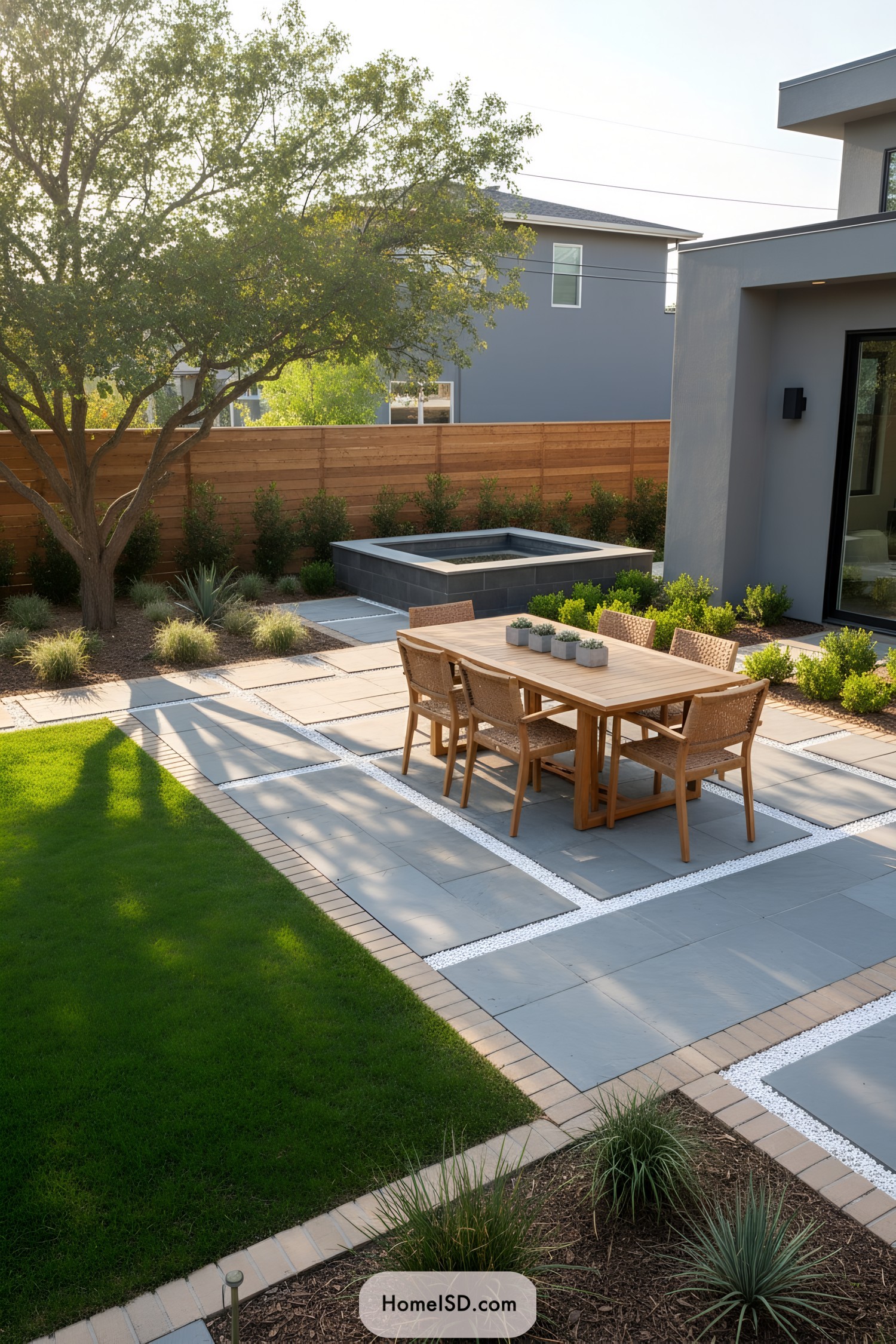 Modern backyard patio with dining set and spa