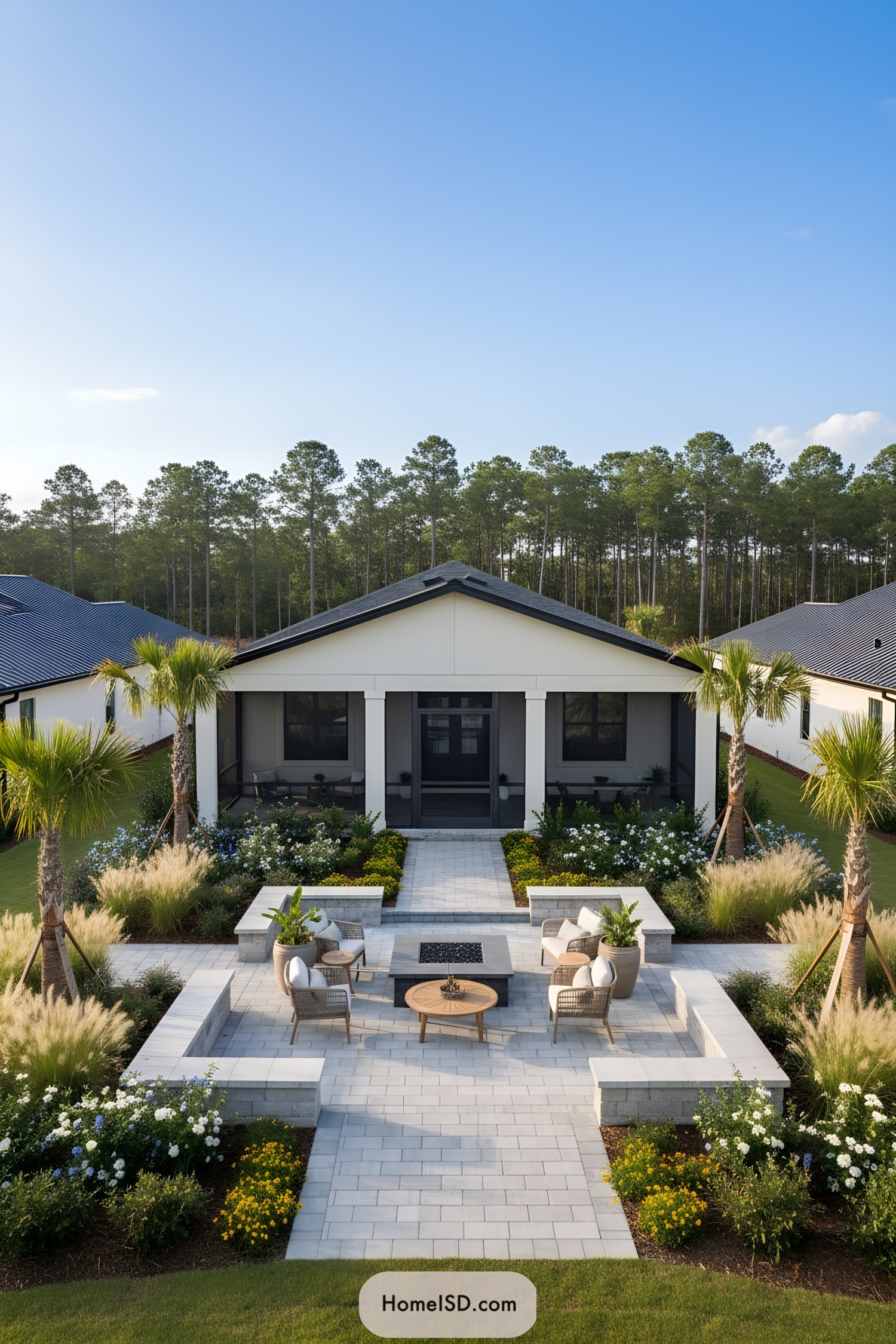 Modern paved courtyard with built-in seating and palm trees