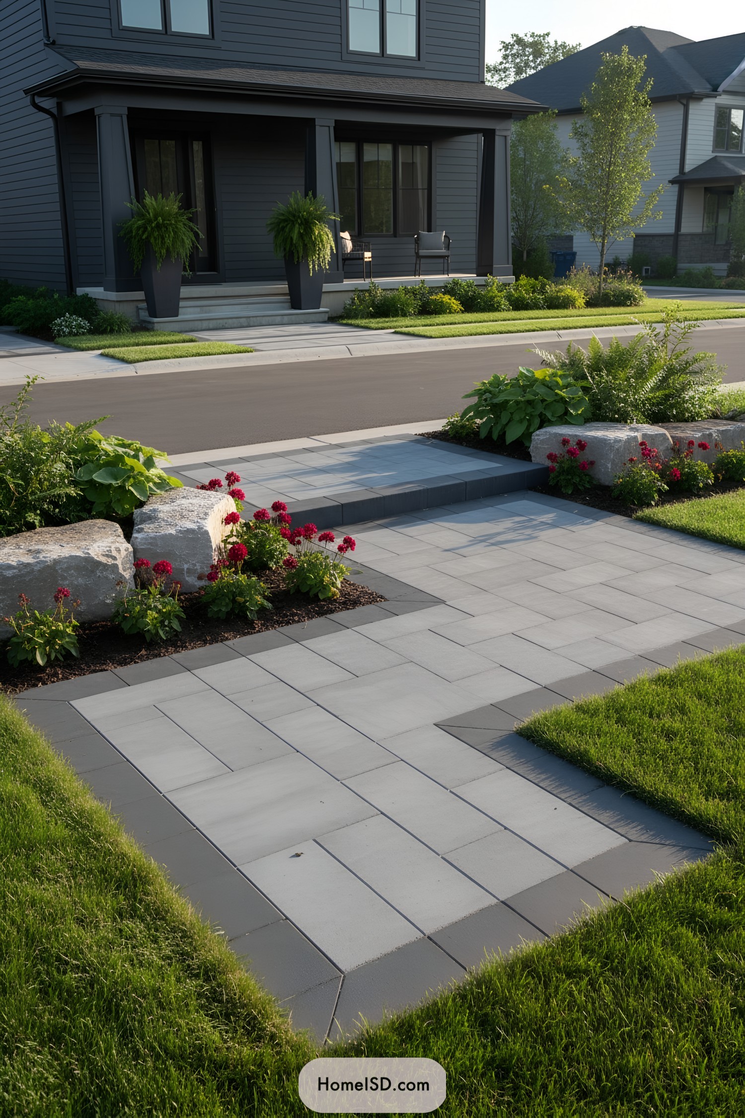 Modern gray paver walkway with bold planting edges