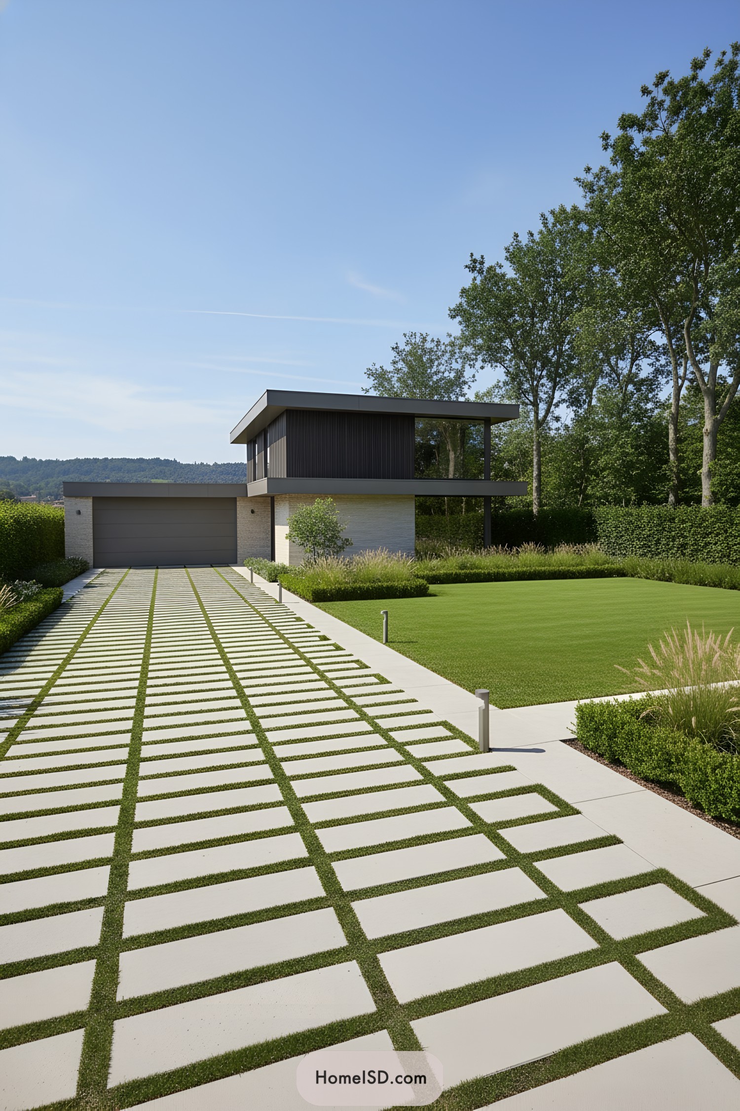 Modern home with grid-pattern driveway