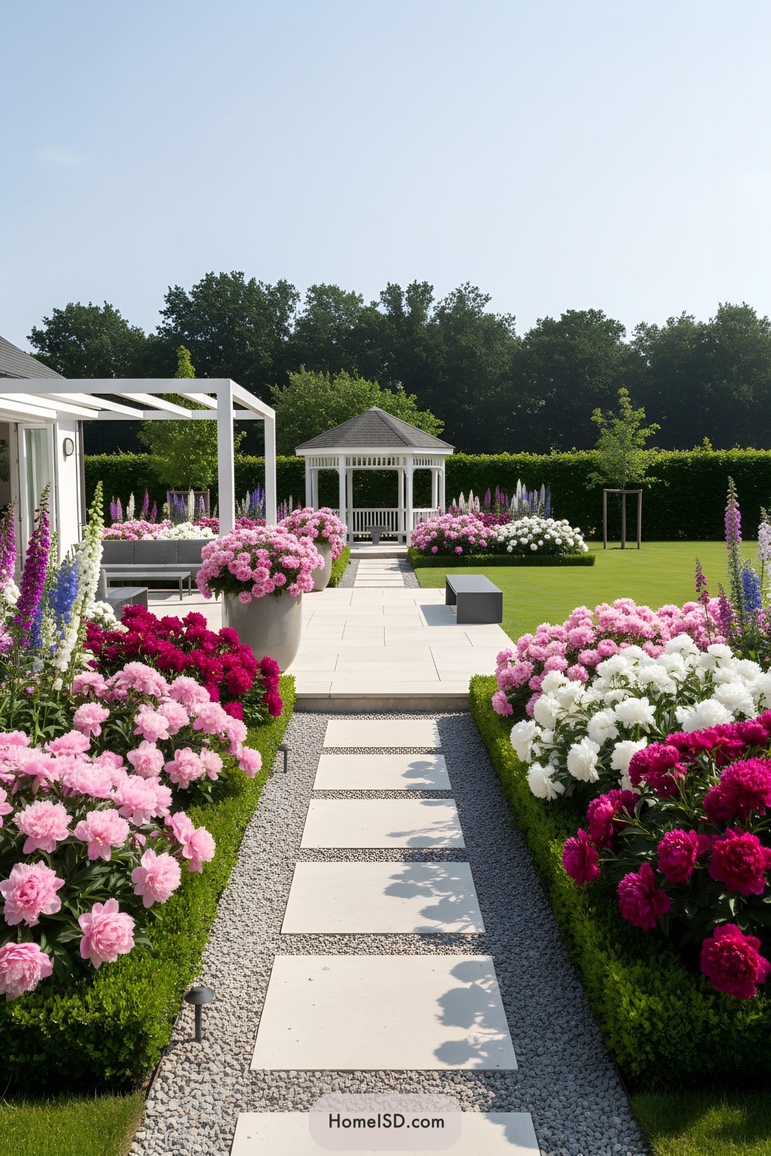 Formal garden path lined with blooming peonies