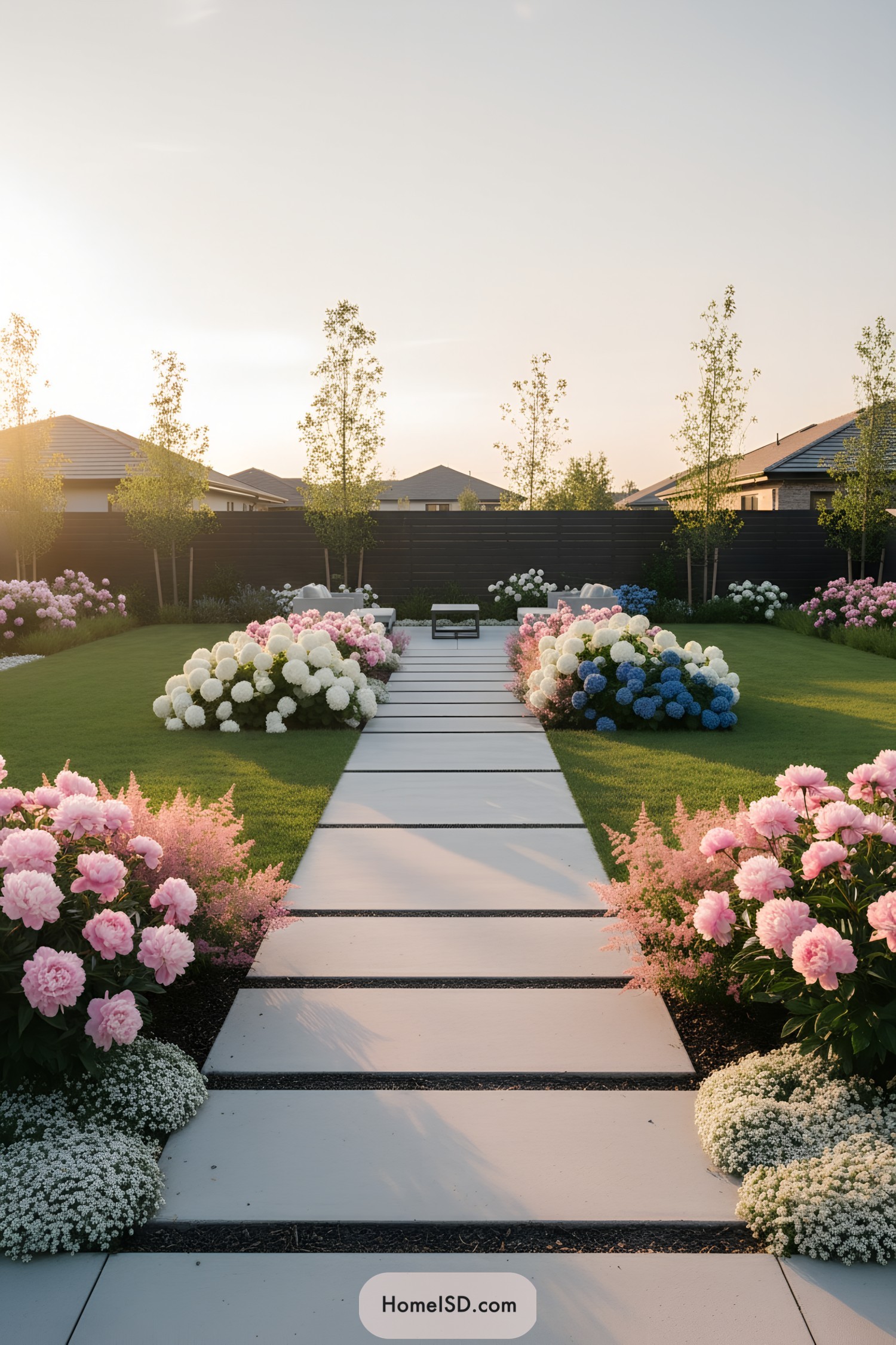 Modern lawn with peony-lined pathway