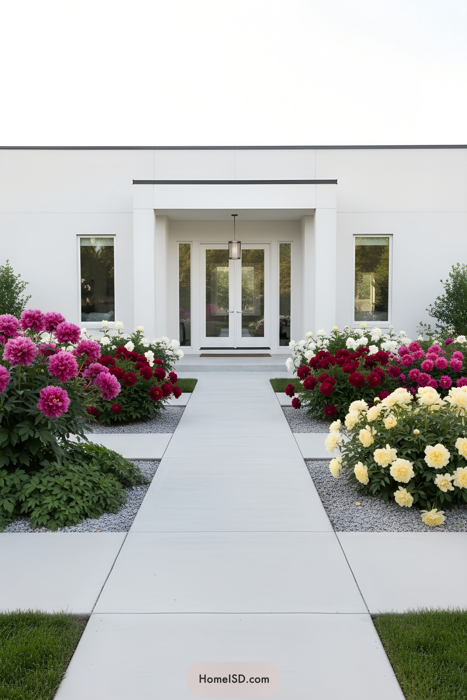 Colorful peony borders lining a sleek front path