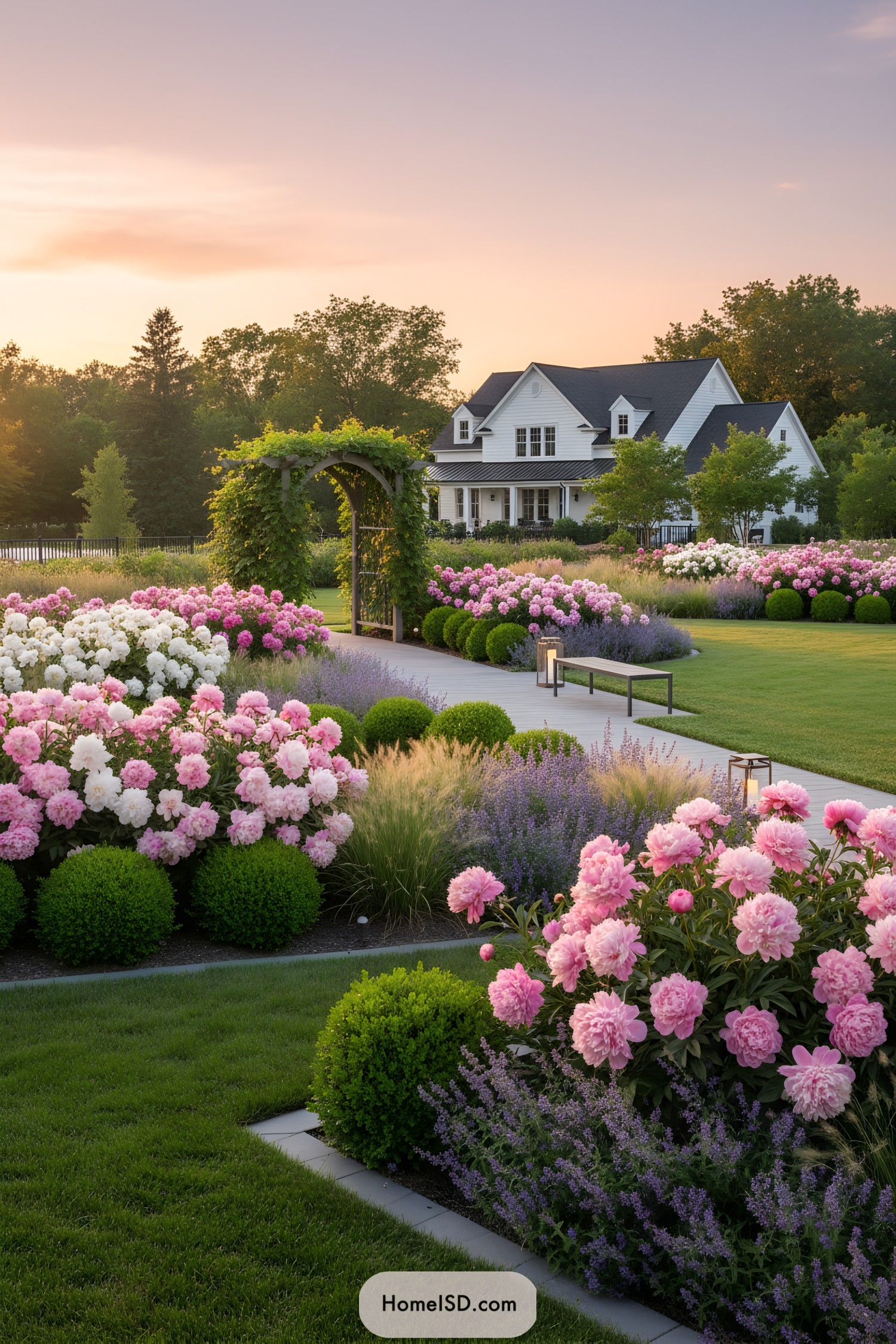Peony-filled garden with walkway at sunset