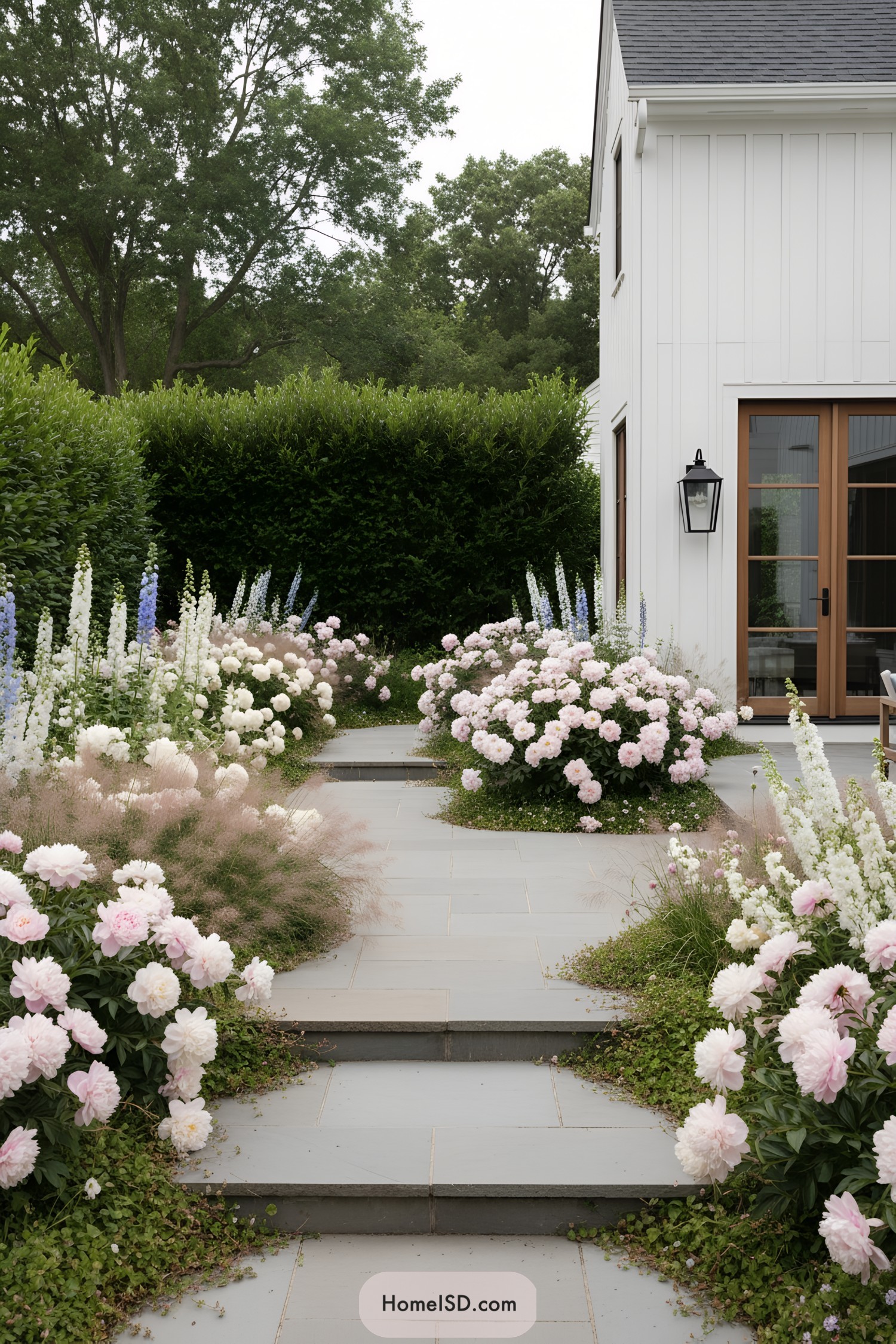 Layered stone steps bordered by lush peonies