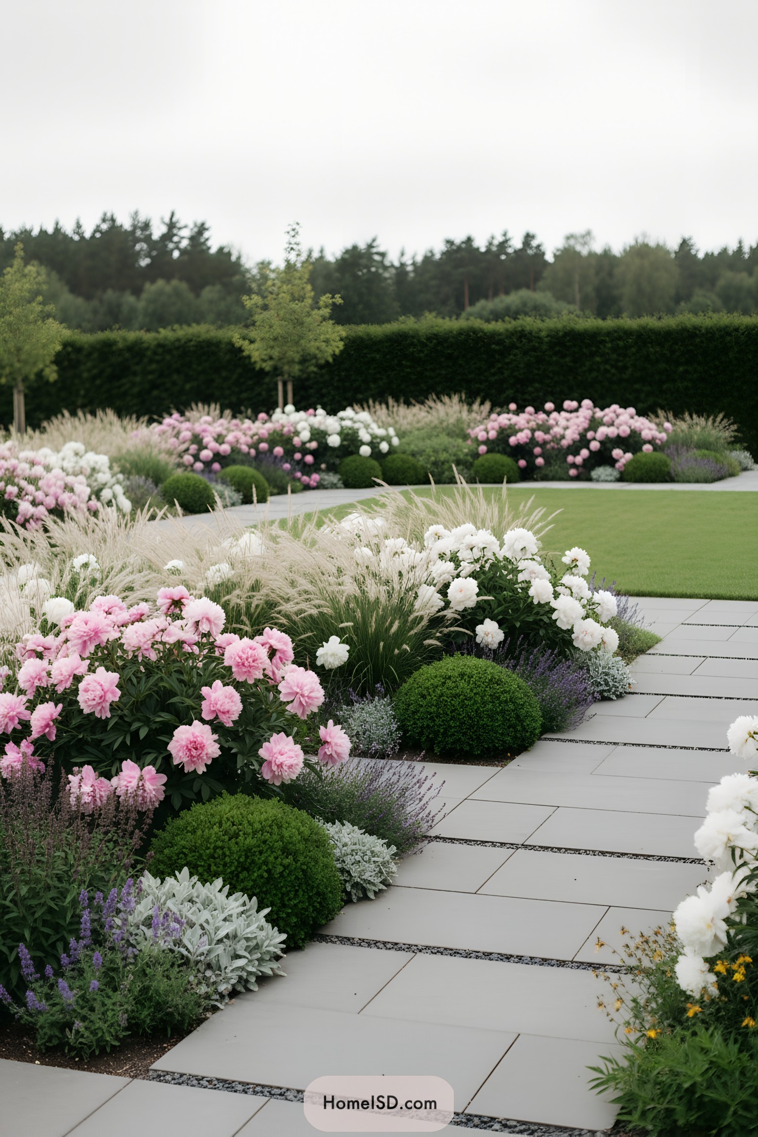 Modern yard with peony borders flanking a wide stone path
