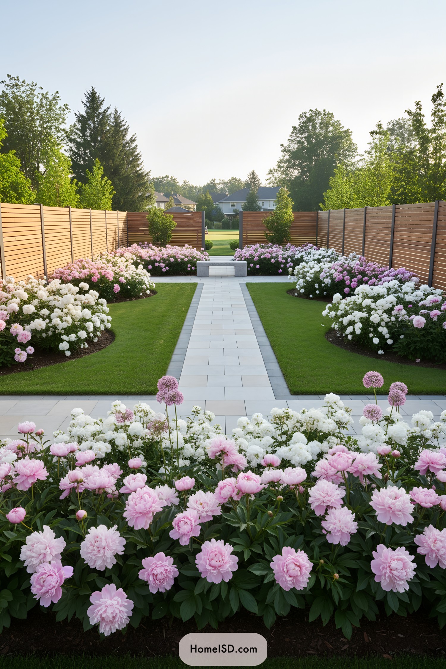 Symmetrical modern yard with peony borders and central paved path