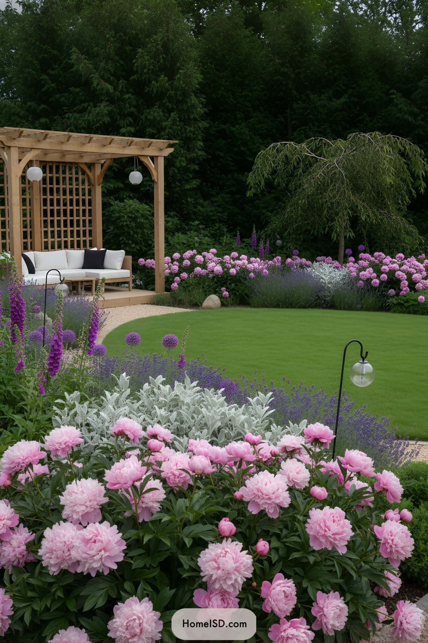 Pergola seating area beside lush peony beds