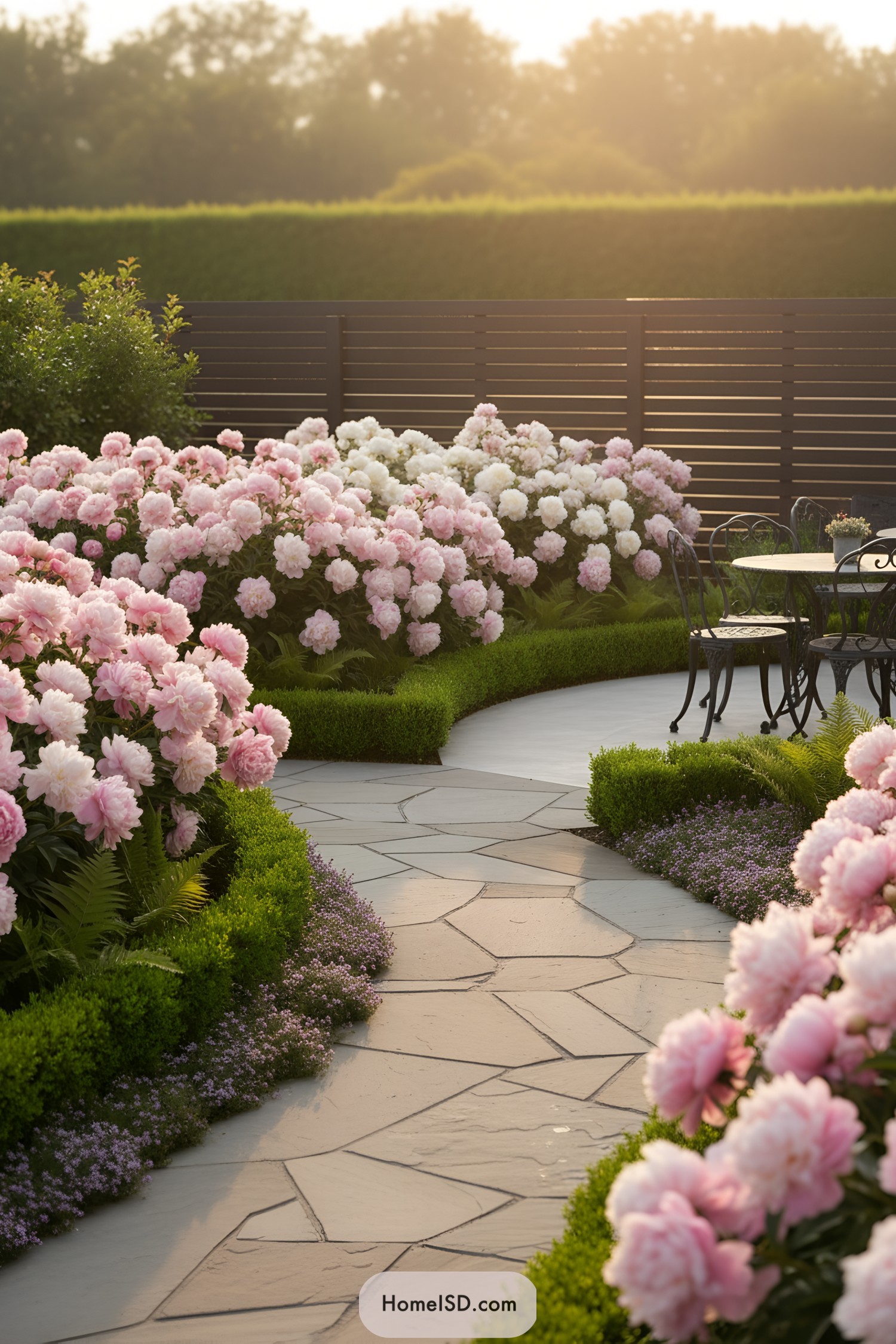 Curving stone path through lush peony garden