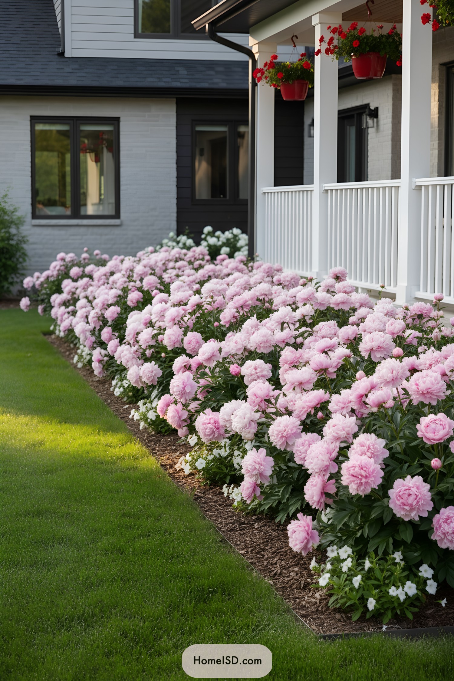 Pink peony hedge bordering a modern front porch