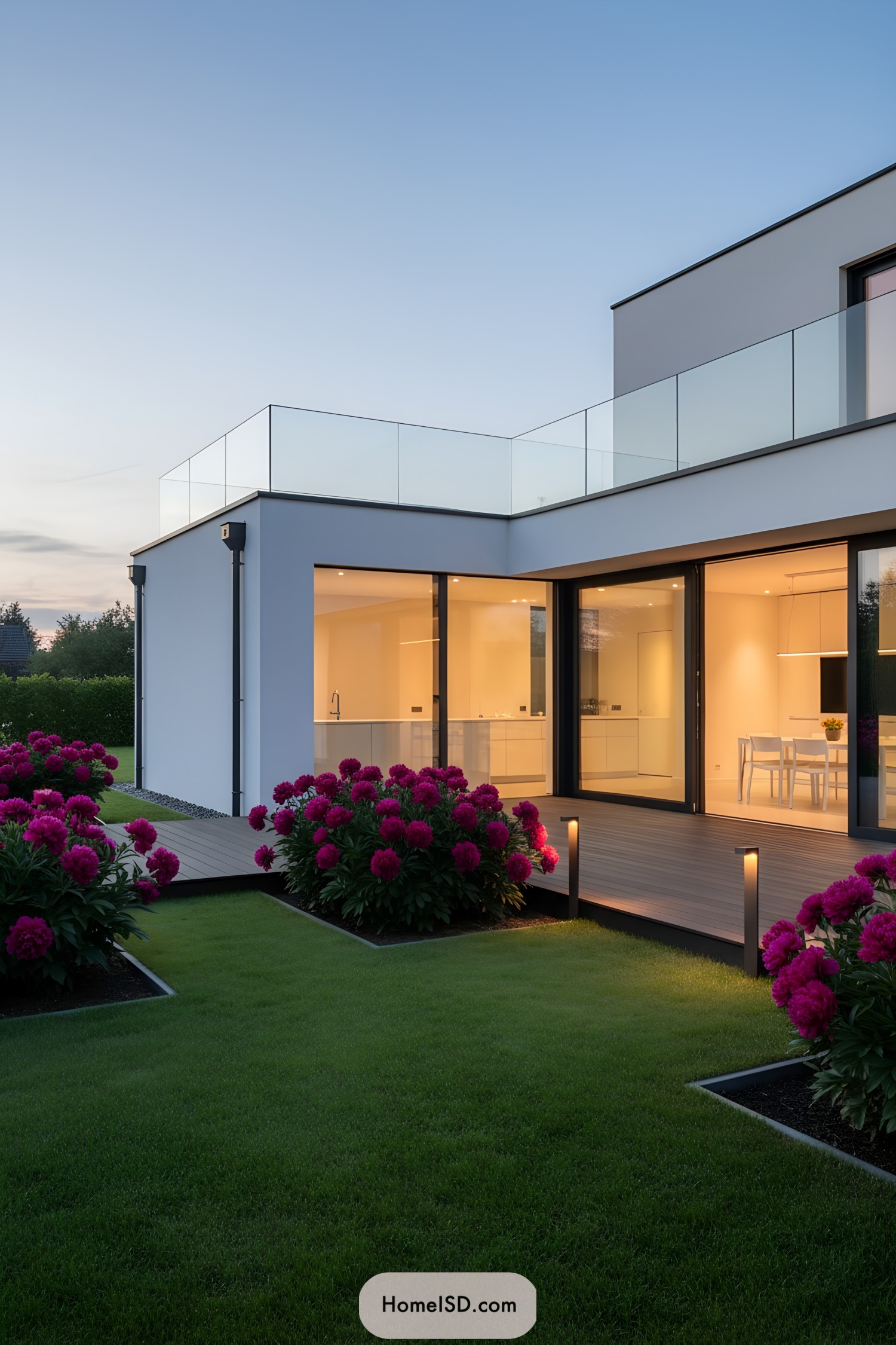 Modern house patio bordered by blooming peonies