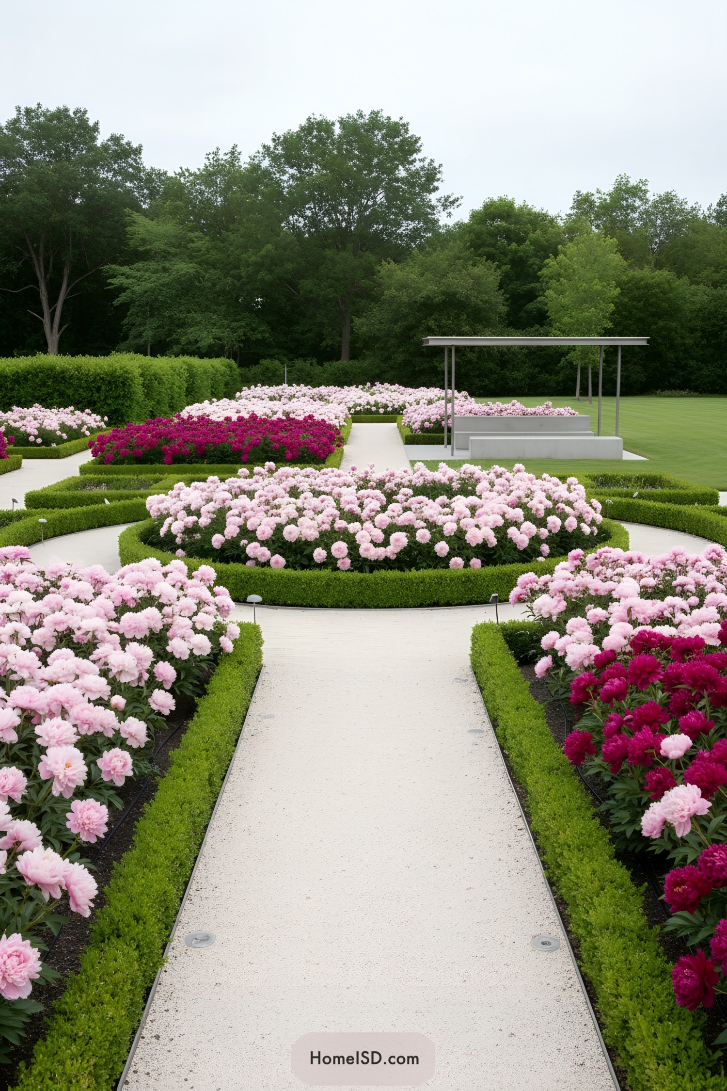 Curved paths through formal peony beds