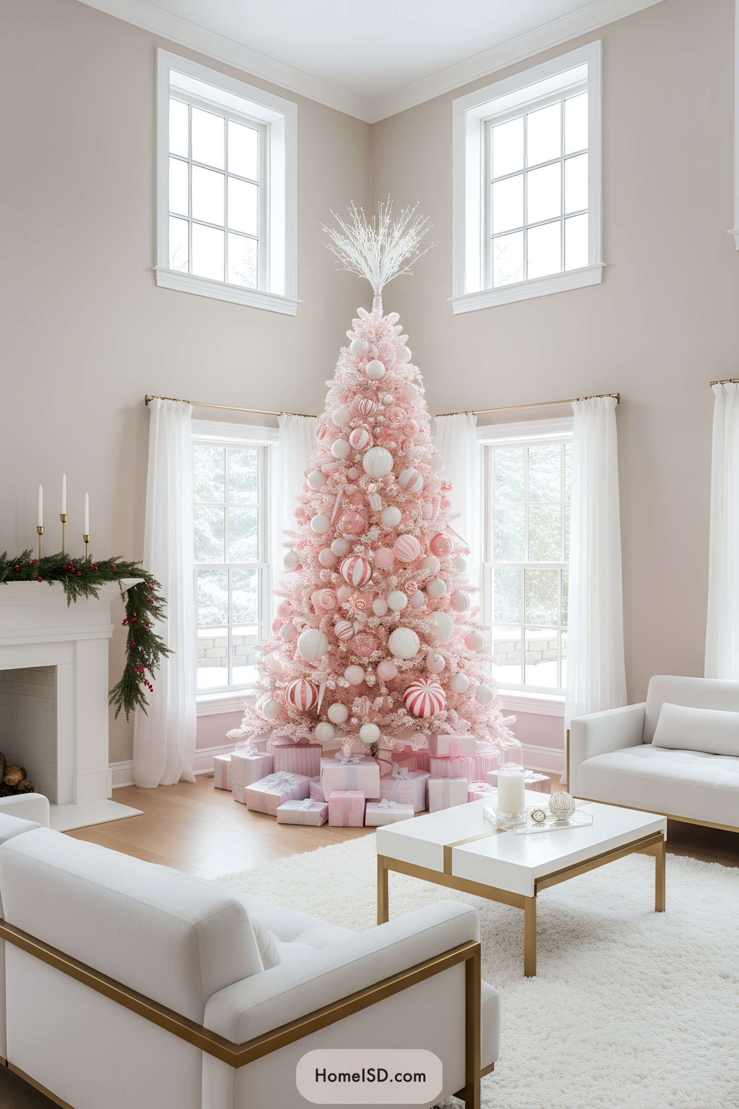 Tall blush-pink Christmas tree with oversized peppermint ornaments and wrapped pastel gifts beneath
