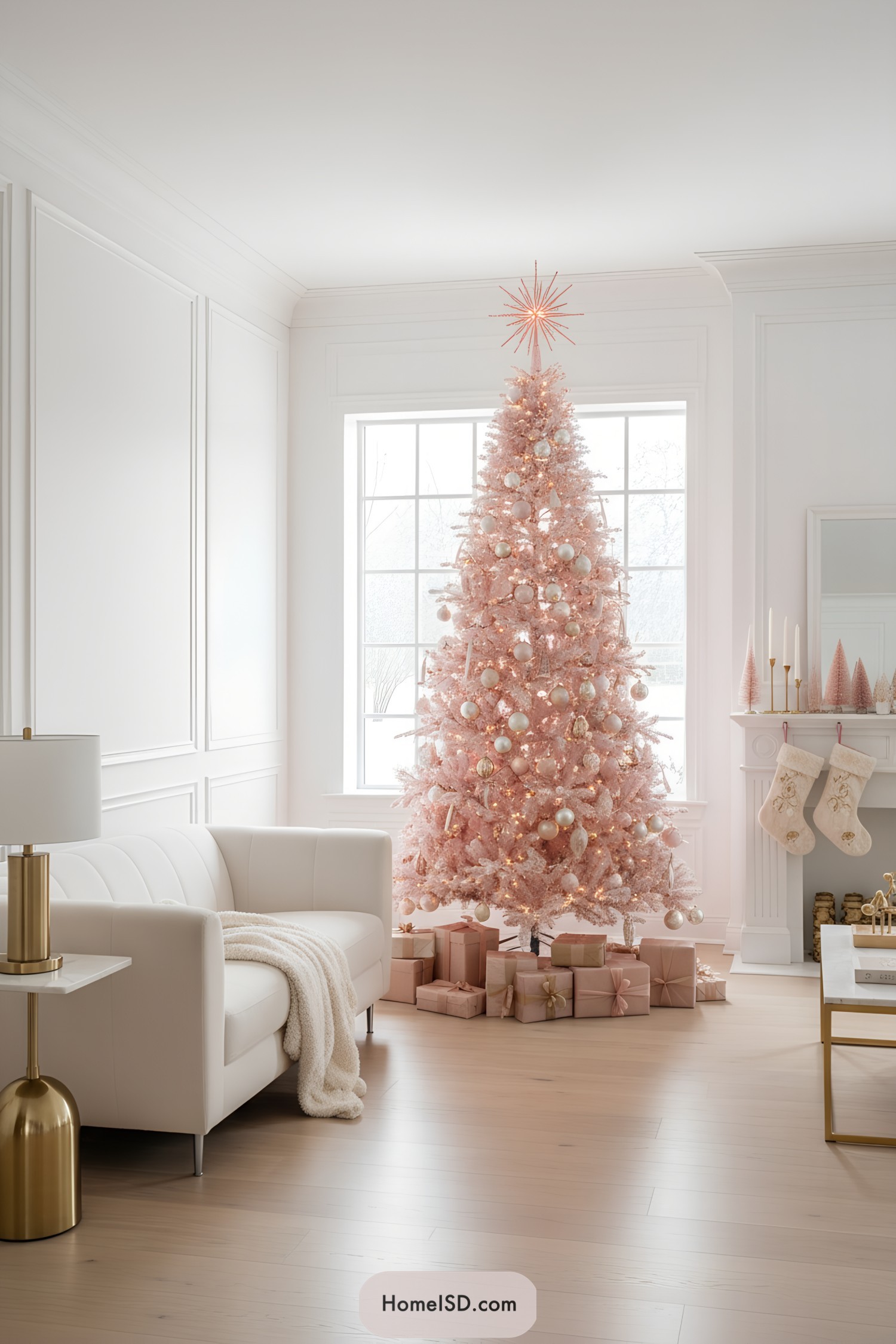Tall pink Christmas tree with pearl ornaments and star topper