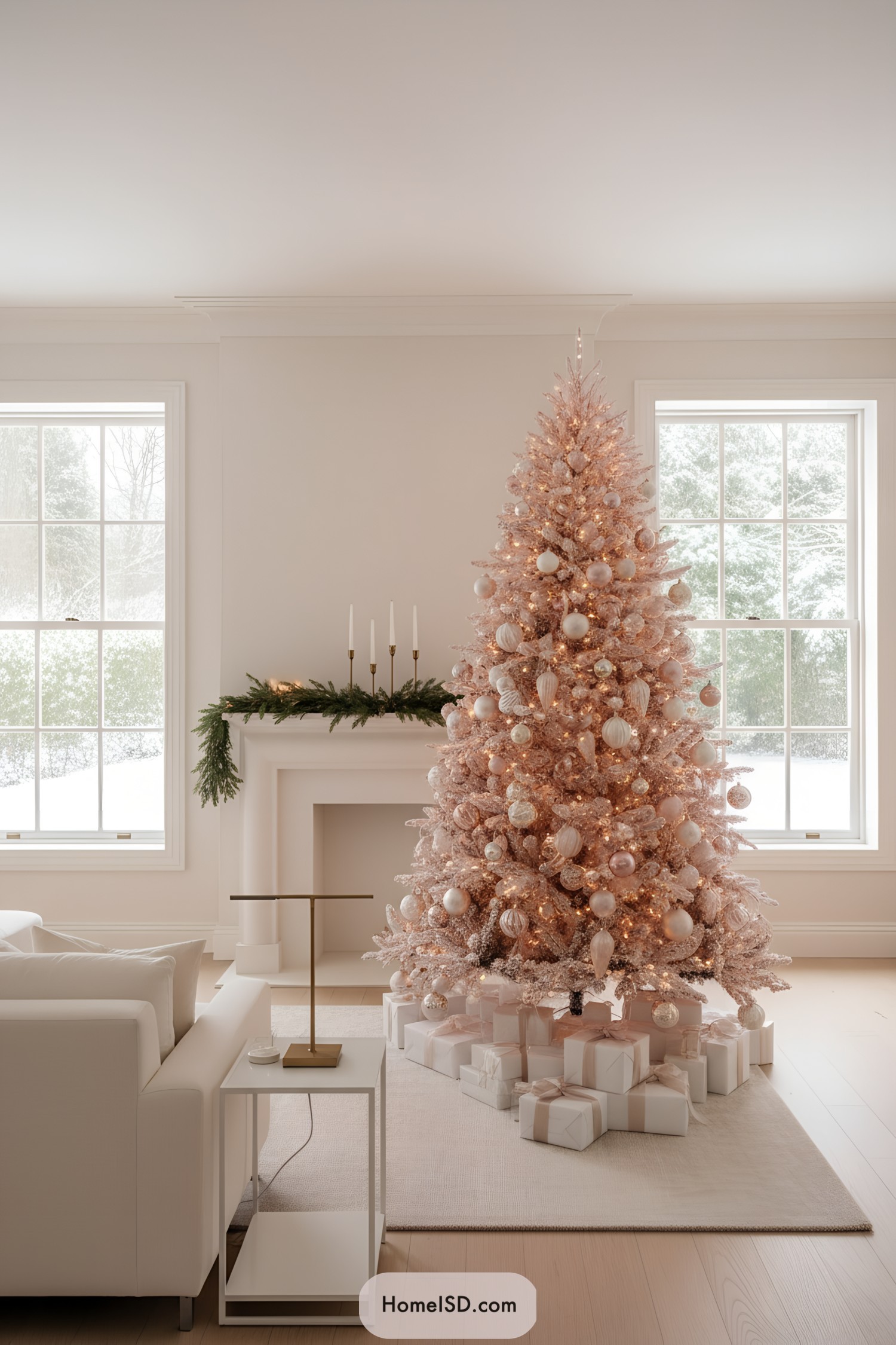 Soft pink Christmas tree with blush ornaments and warm lights beside a white mantel