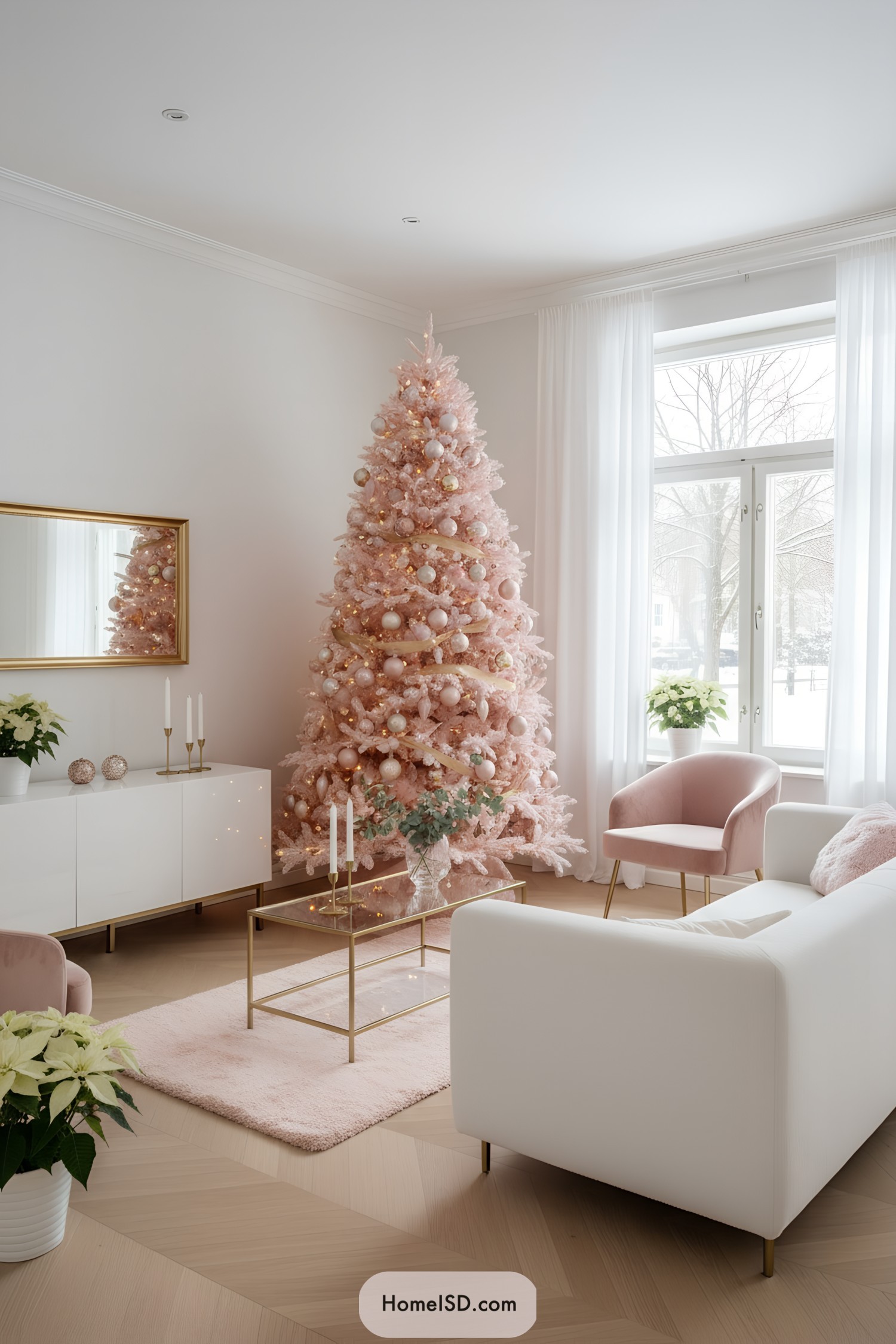 Soft pink Christmas tree with gold ribbon and blush ornaments in a bright modern living room