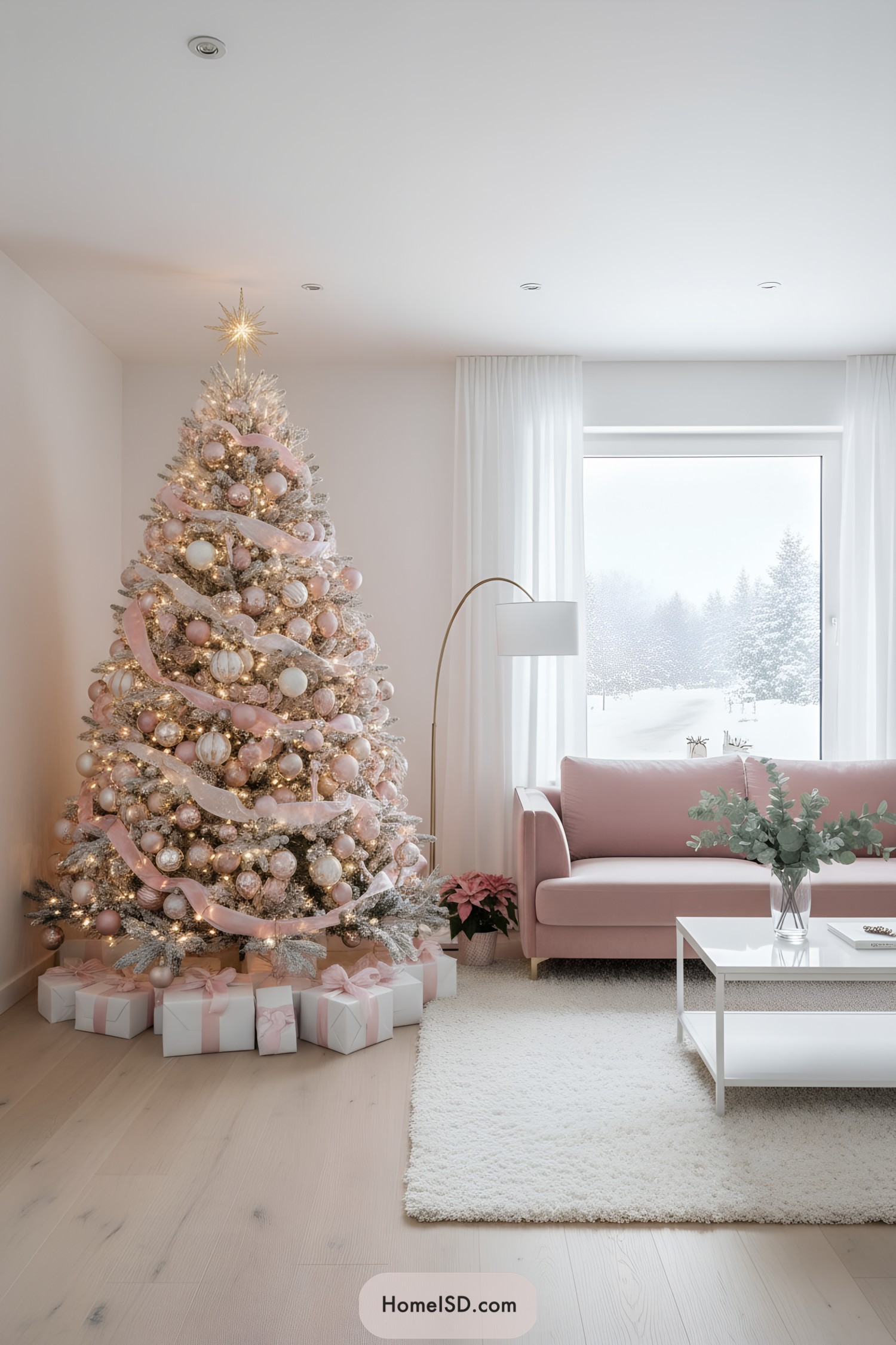 Pink frosted tree with blush ornaments, ribbon garland, and warm lights beside a pastel sofa