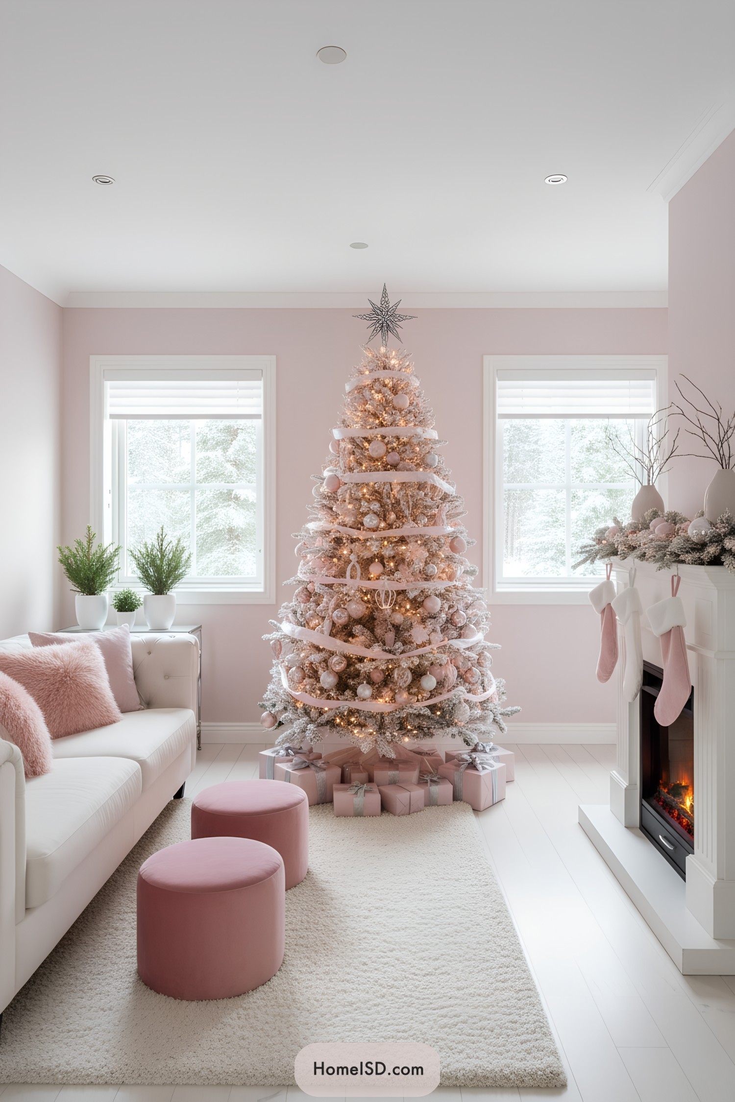 Pink flocked Christmas tree with spiral ribbon and blush ornaments by a fireplace