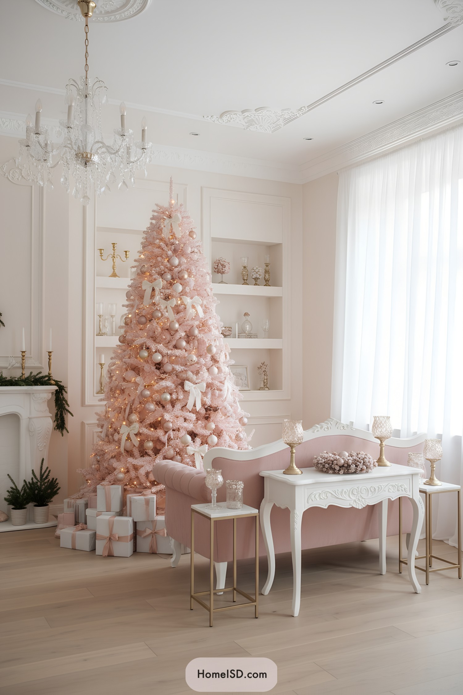 Pink Christmas tree with bows and ornaments beside wrapped gifts in an elegant pastel living room
