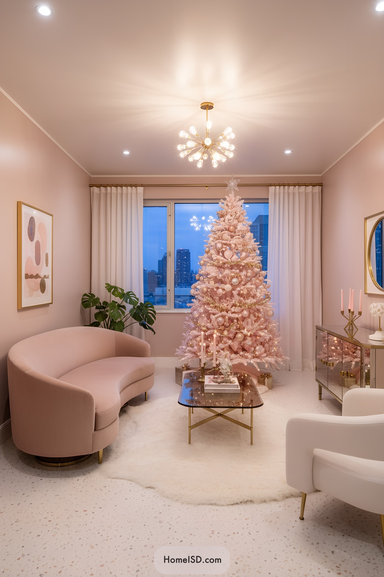 Pink Christmas tree with gold garland in chic blush living room