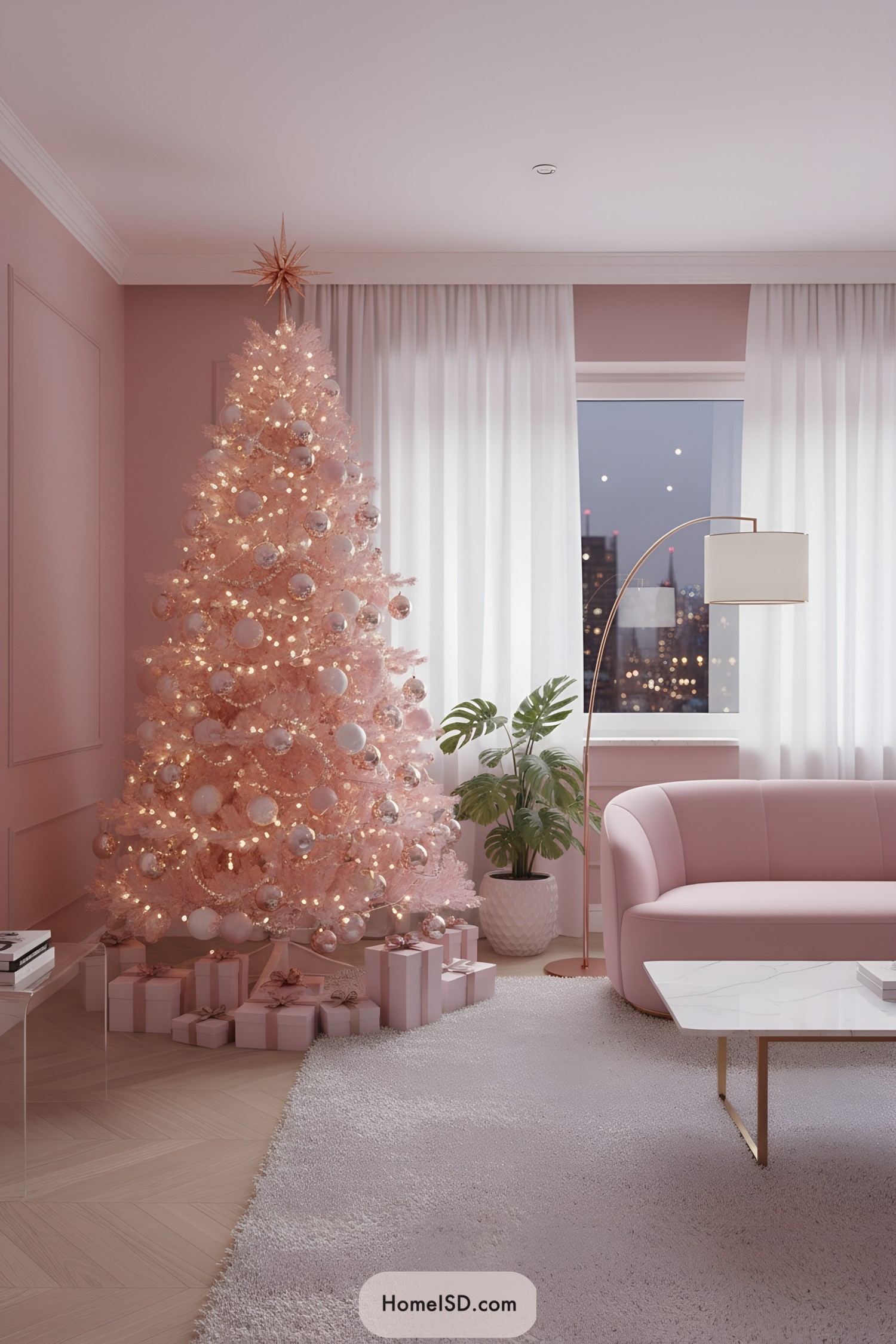 Pink Christmas tree with metallic ornaments and soft lights