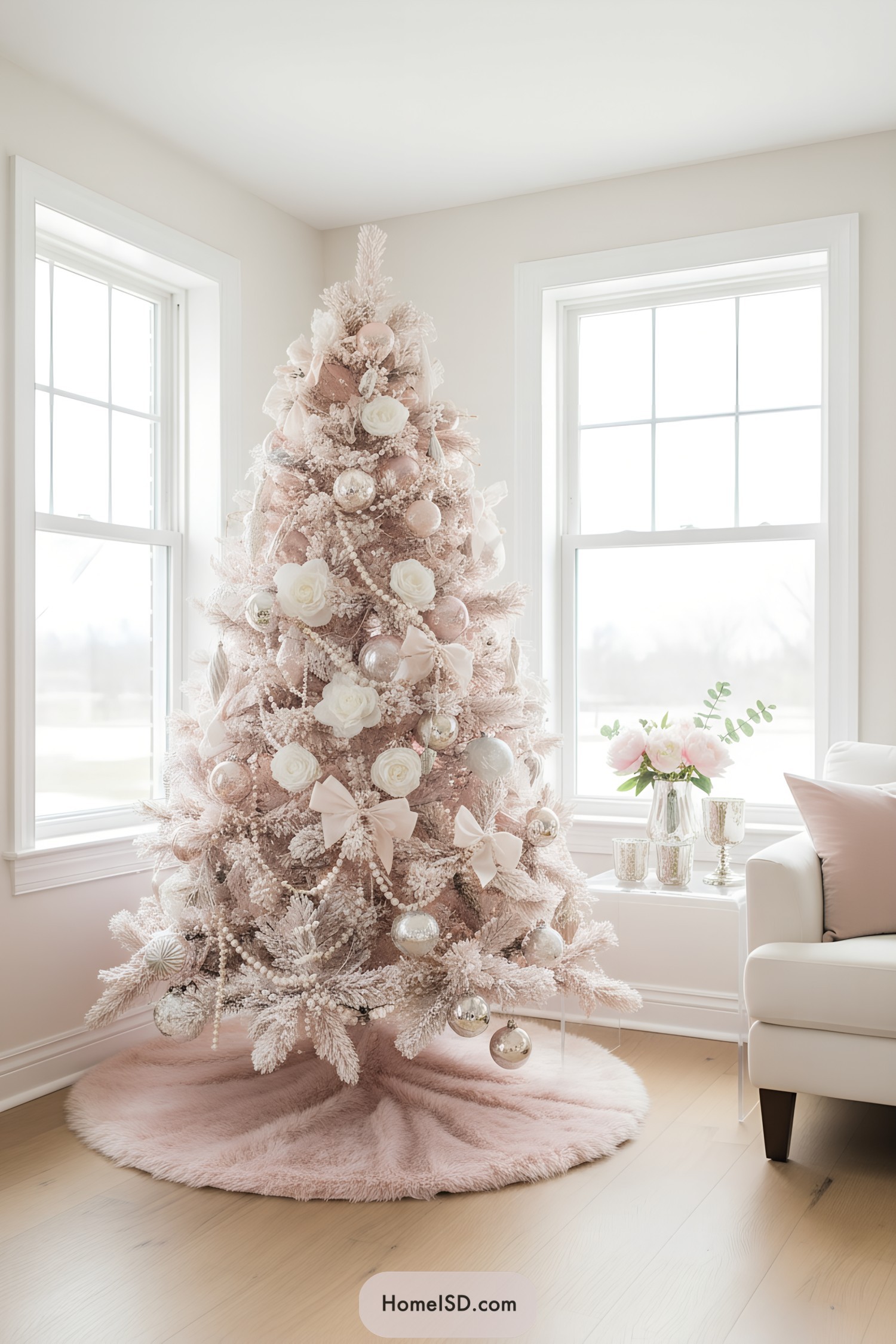 Pale pink Christmas tree with bows and white roses