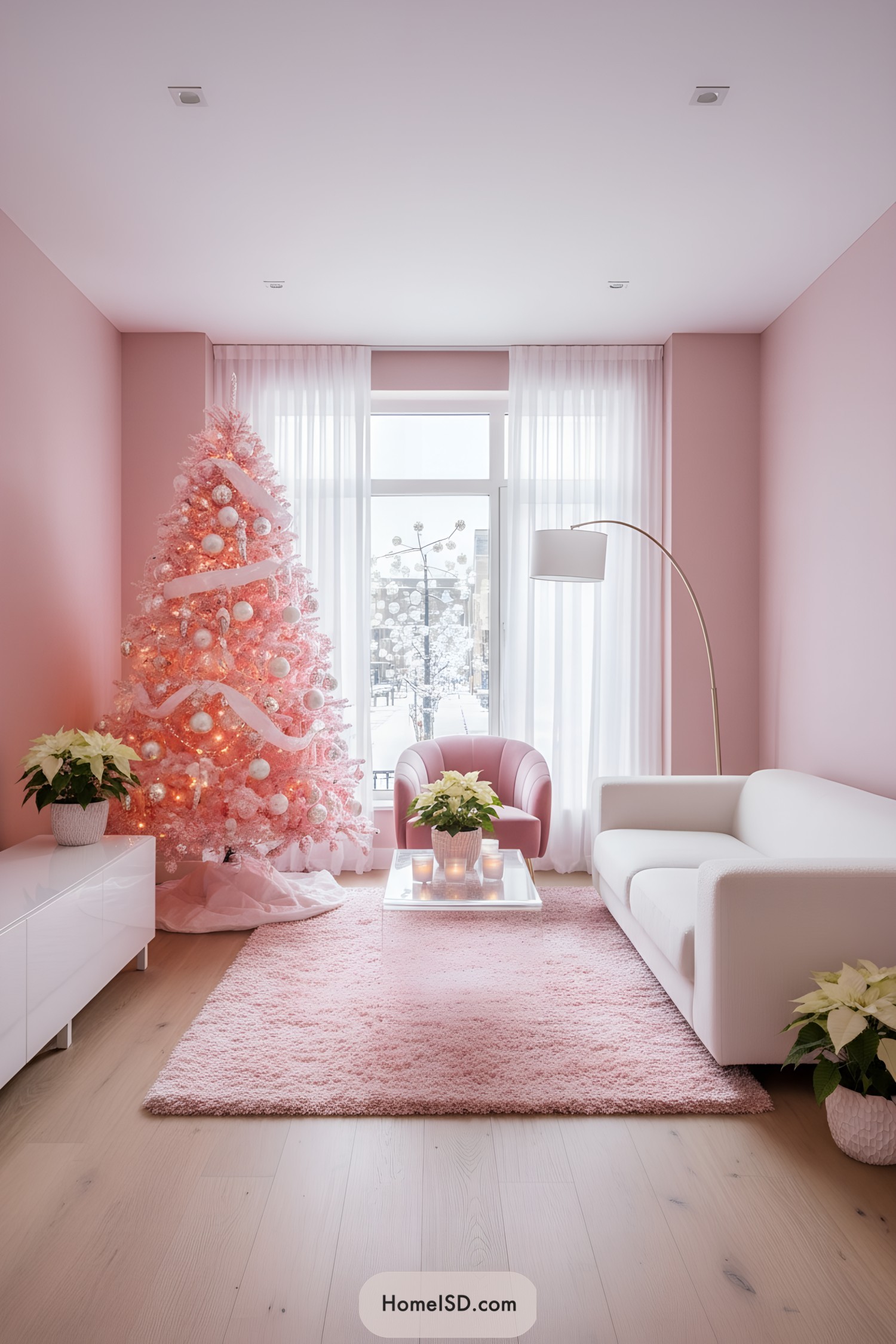Pink Christmas tree with white ornaments and ribbons