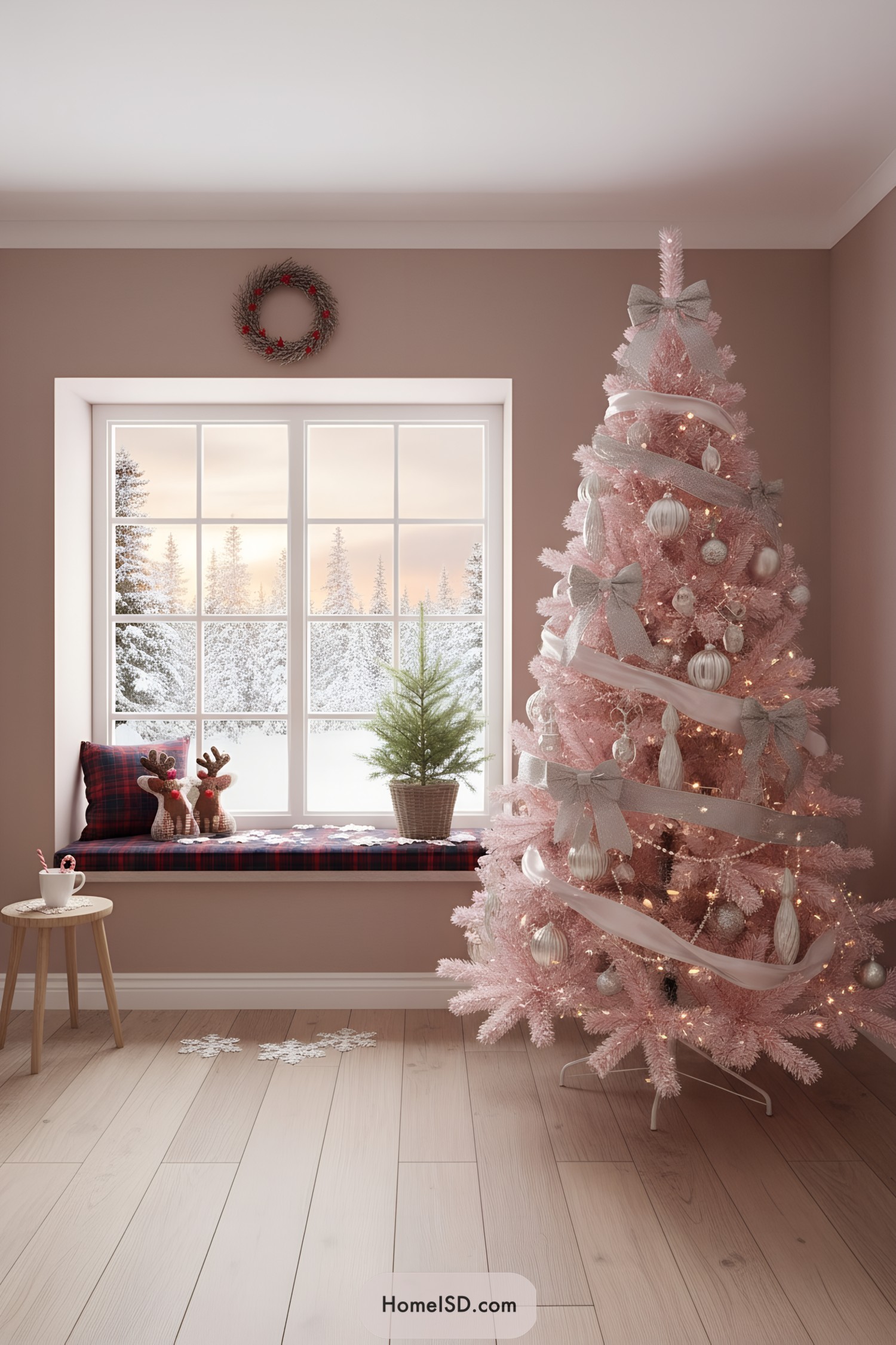 Pink Christmas tree with silver bows and white ornaments