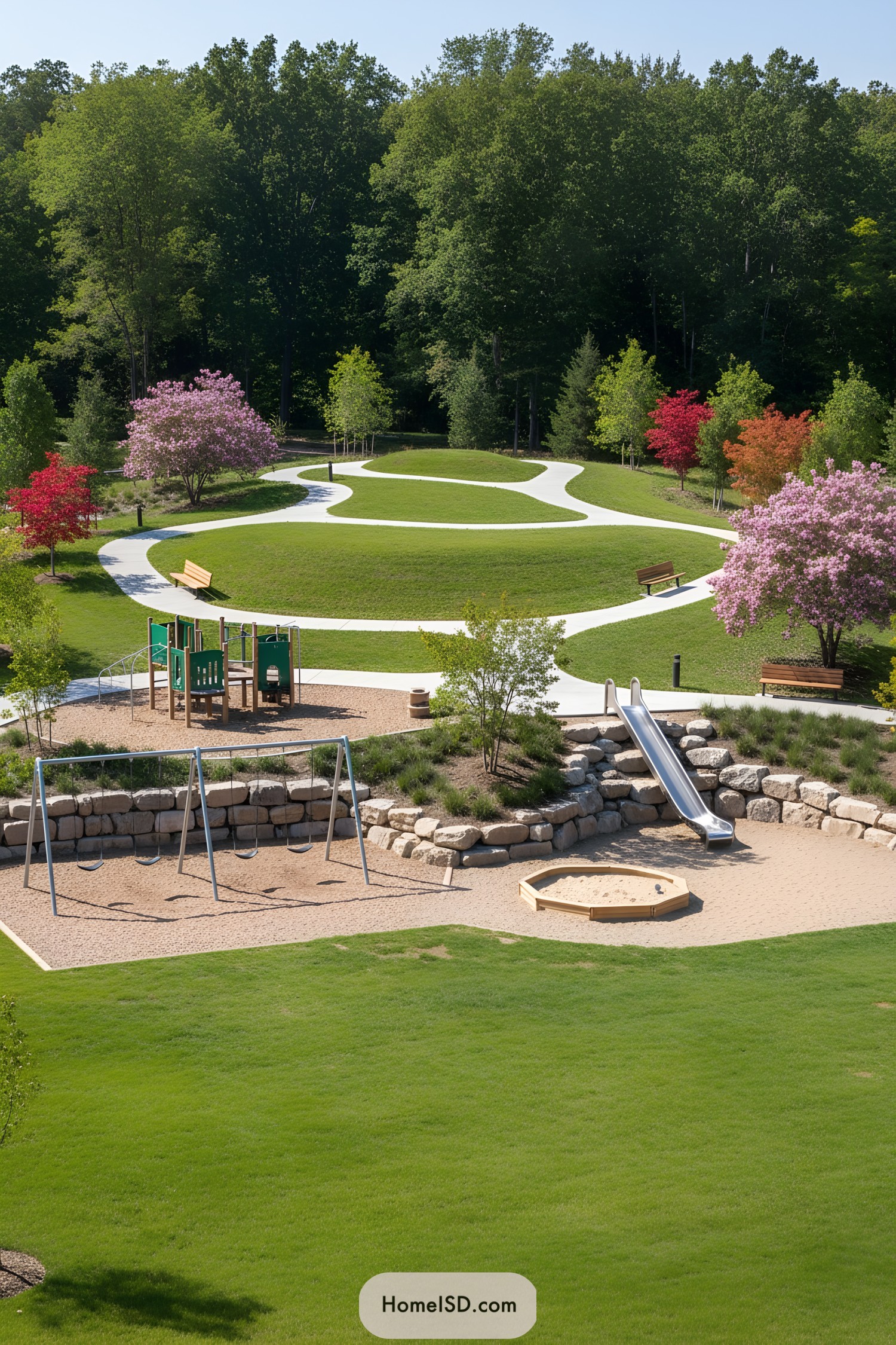 Terraced playground with slide, swings, sandbox, and winding paths