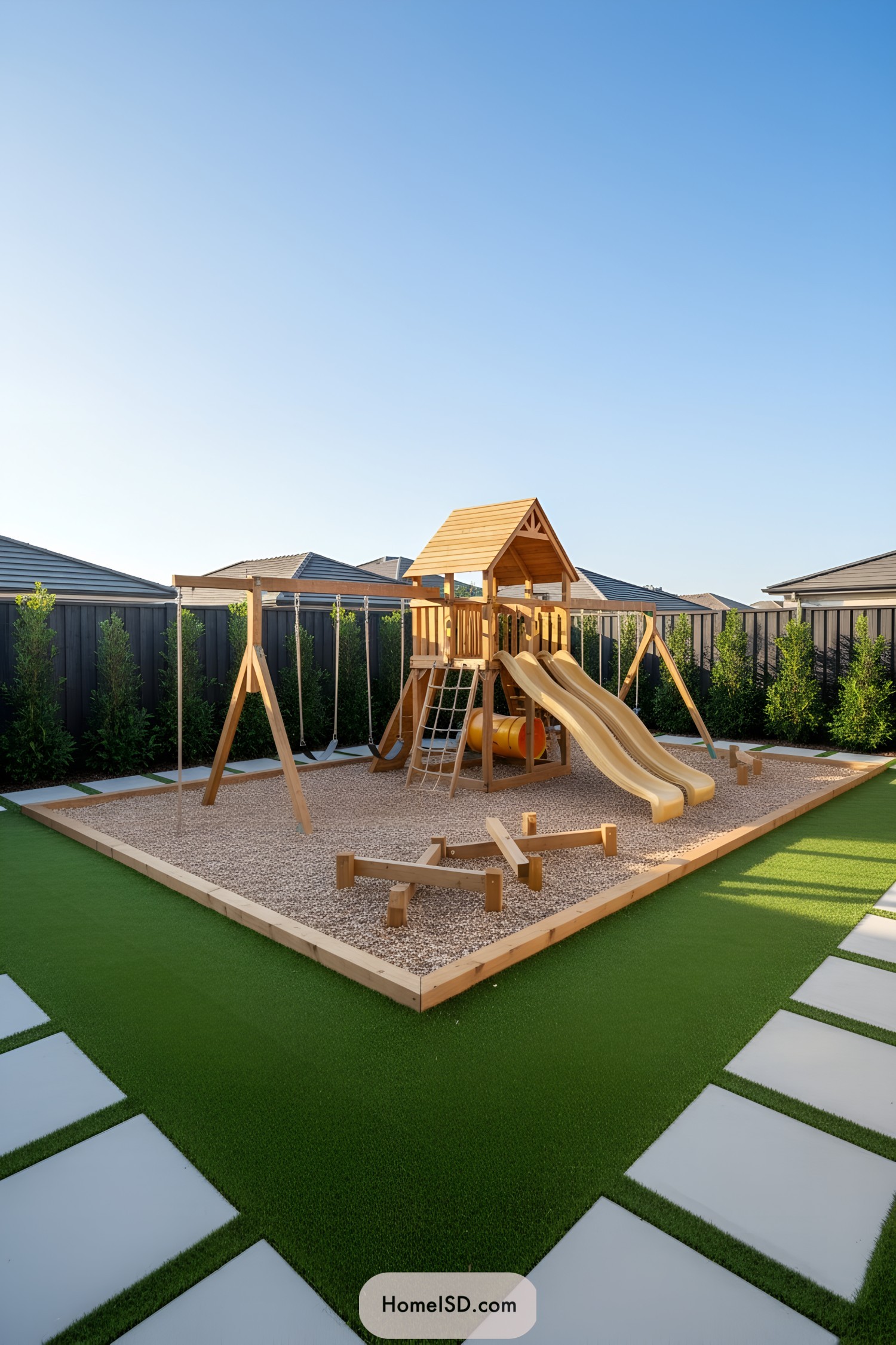 Modern backyard playground with wooden playset and slides