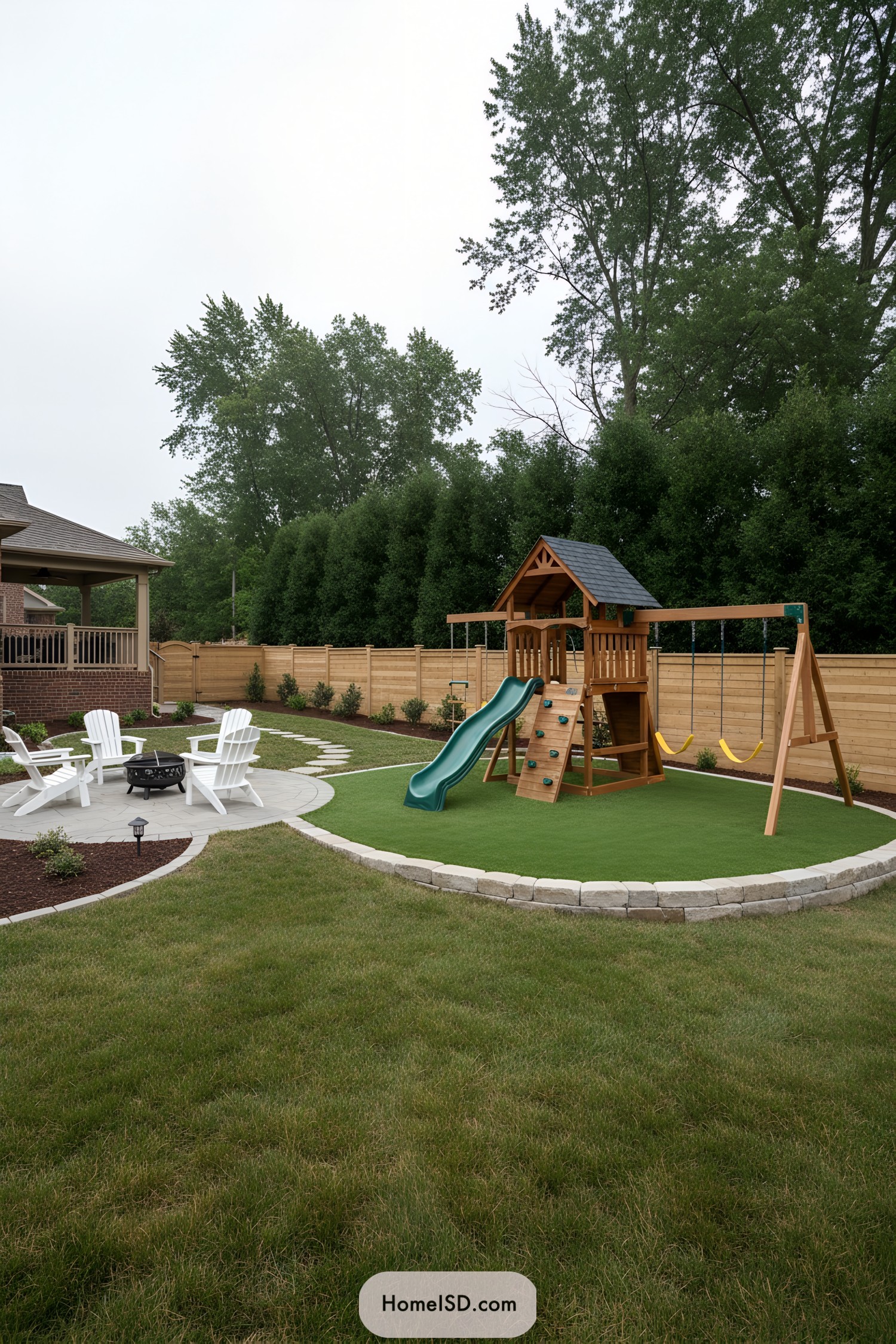 Backyard playset on turf beside firepit