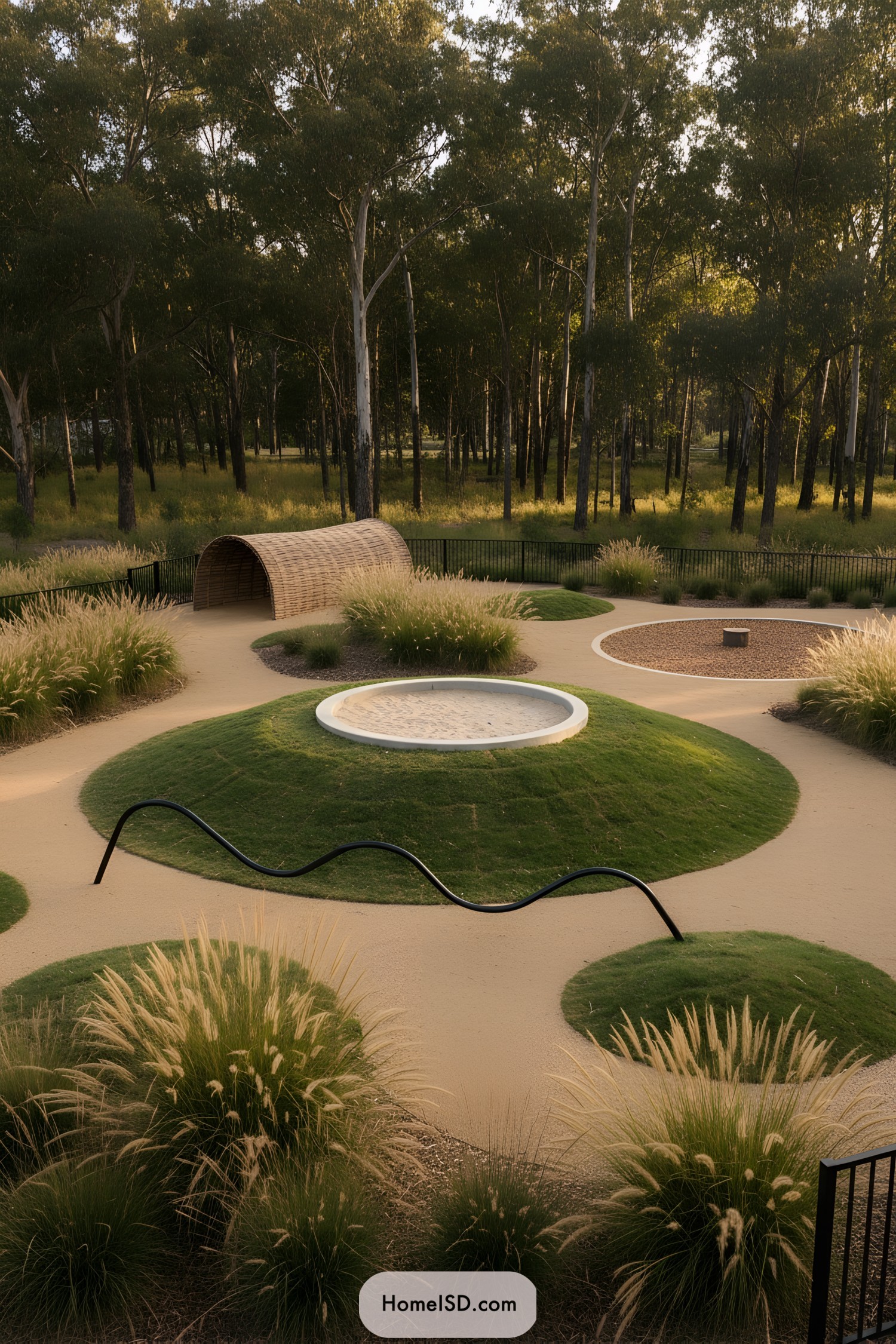 Curved paths and grassy mounds playscape in a woodland yard