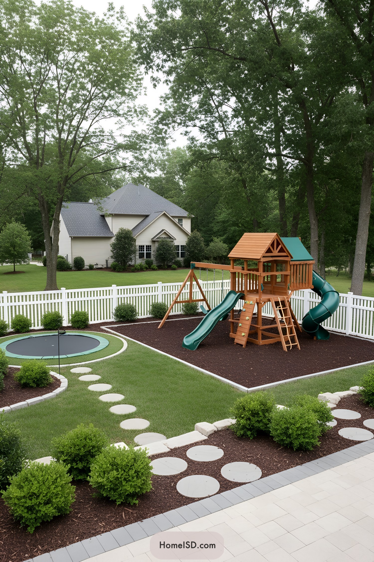 Neat backyard playground with playset and trampoline