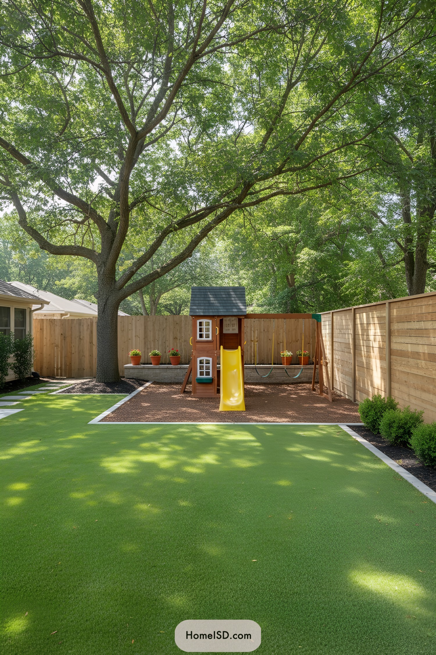 Backyard playset on turf with tall tree