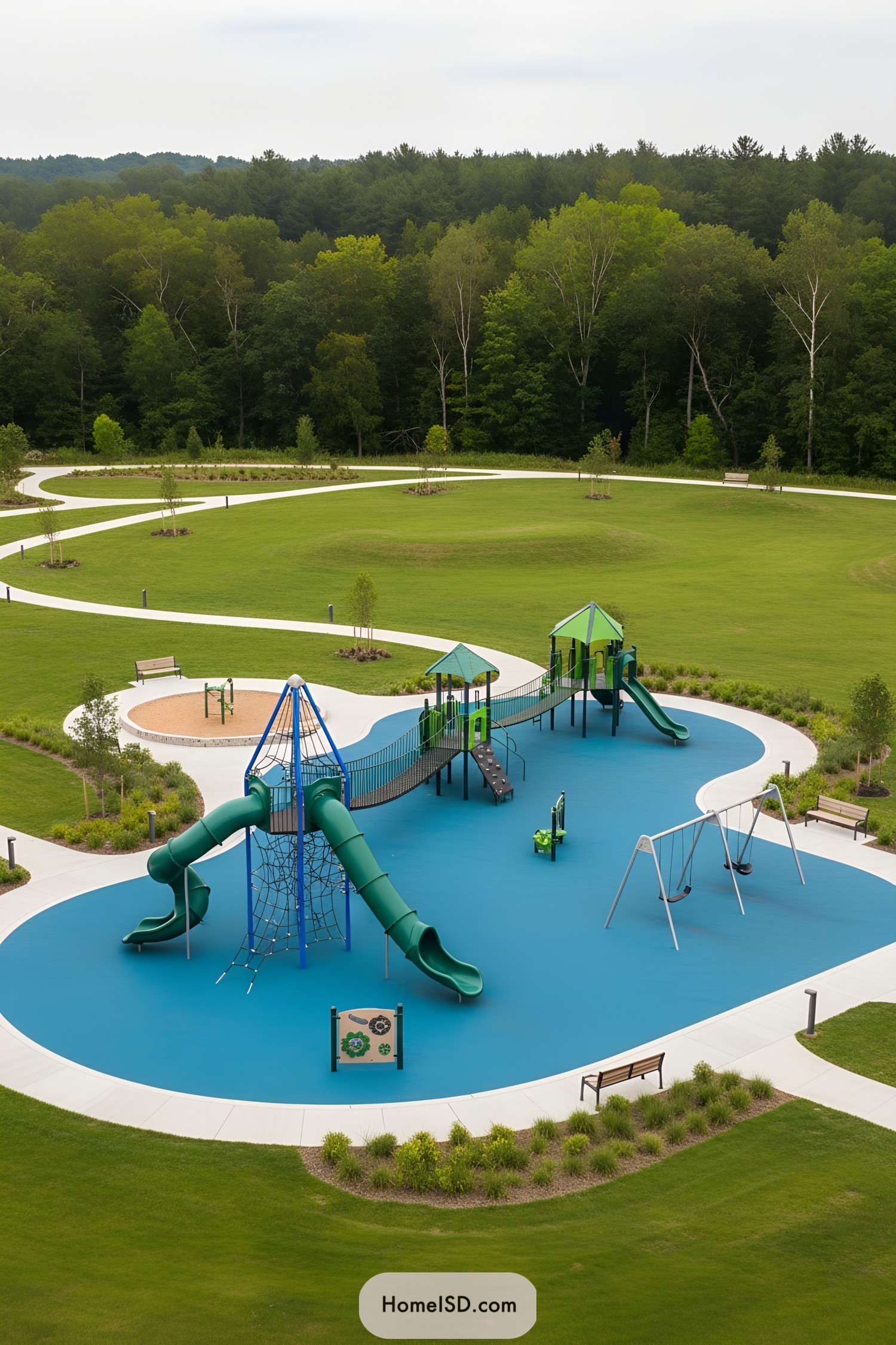 Modern blue playground nestled in a large green park