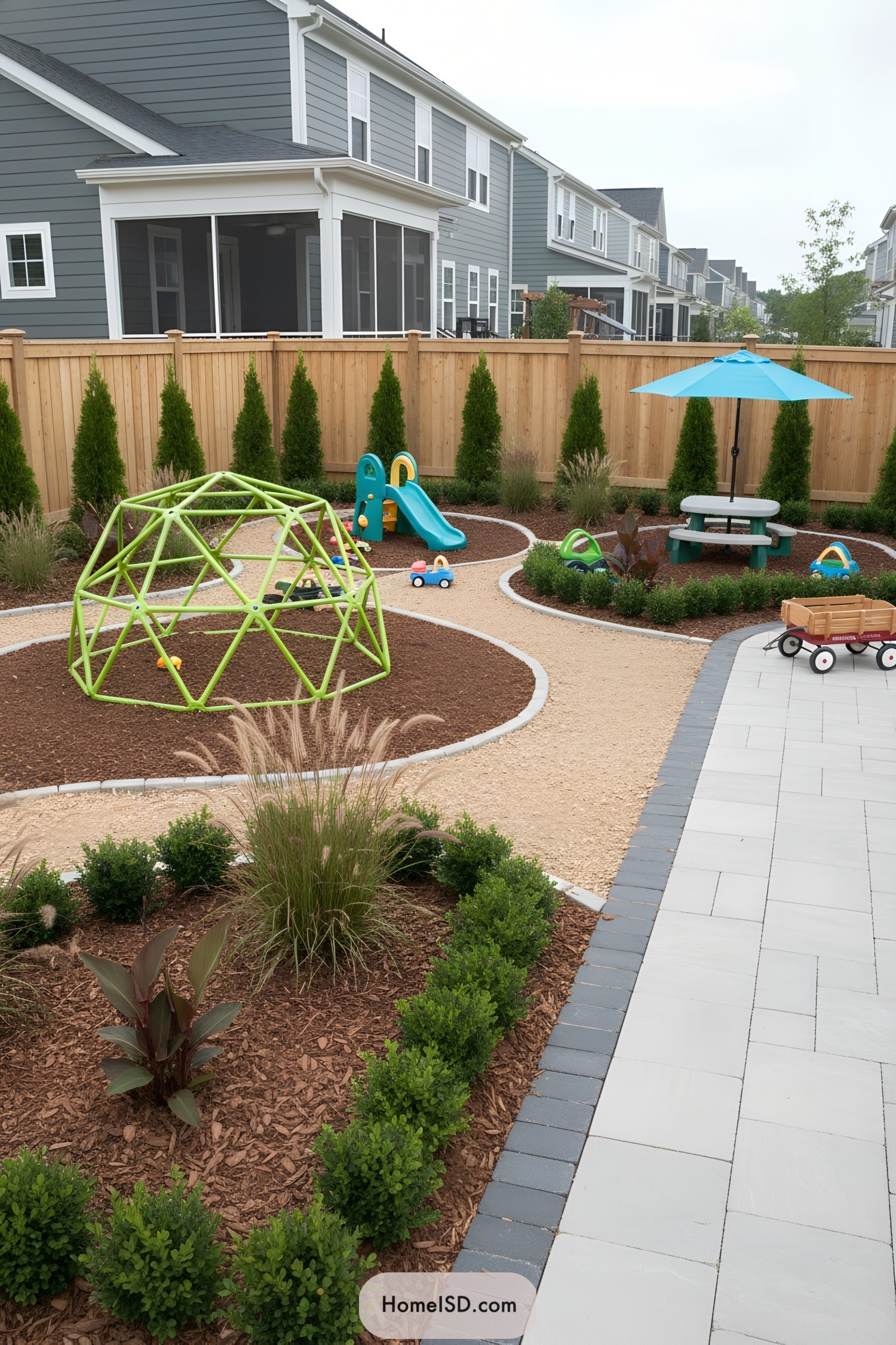 Suburban backyard kids play area with curving paths
