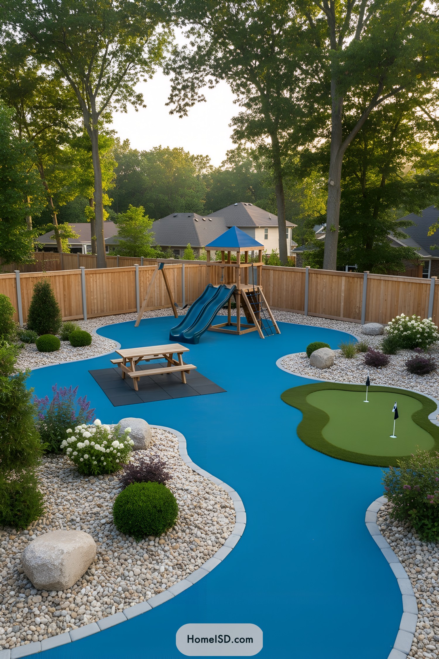 Modern backyard playground with bright blue safety surfacing, wooden playset, and mini putting green