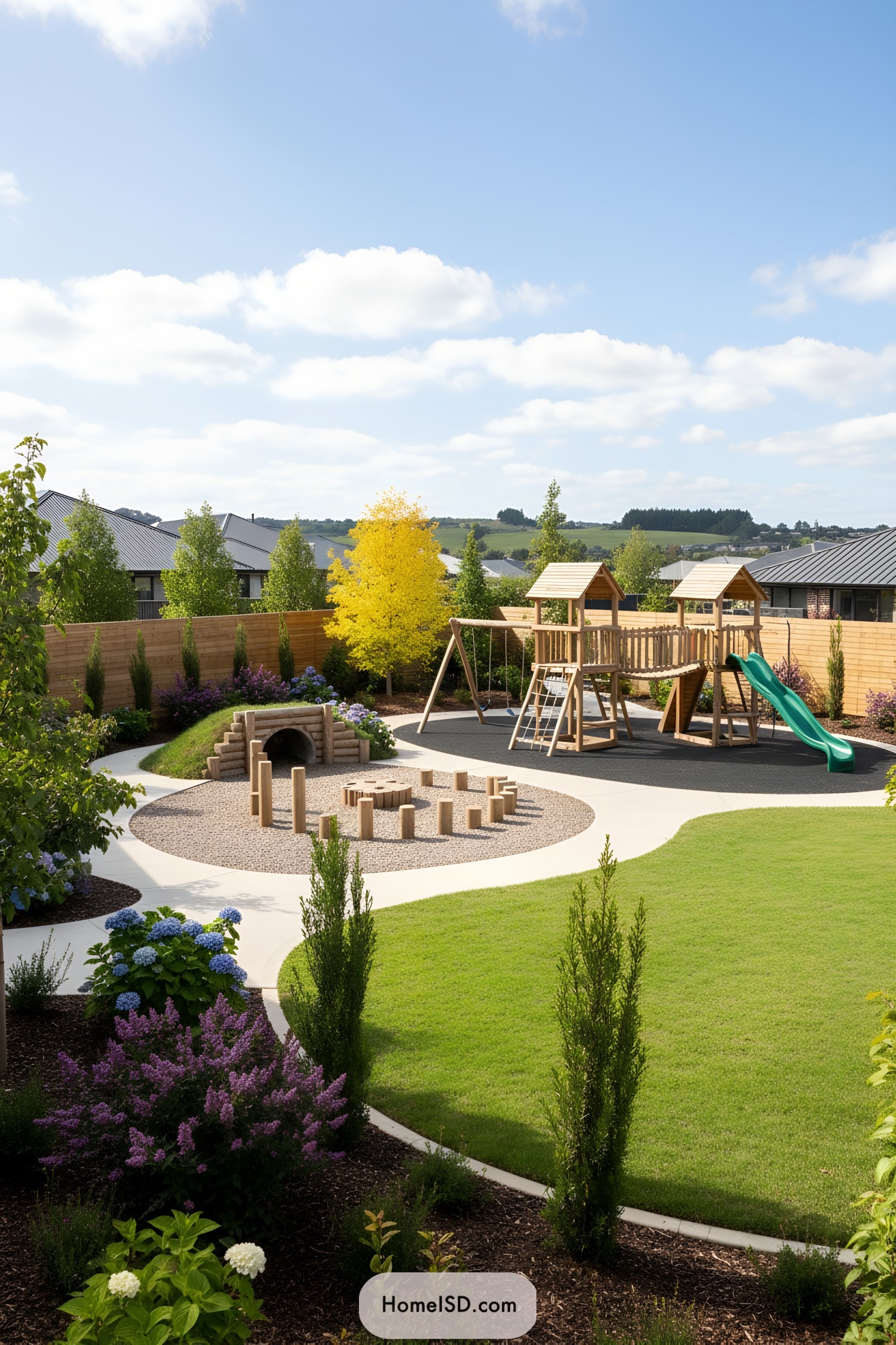 Backyard playground with wooden structures and curved paths
