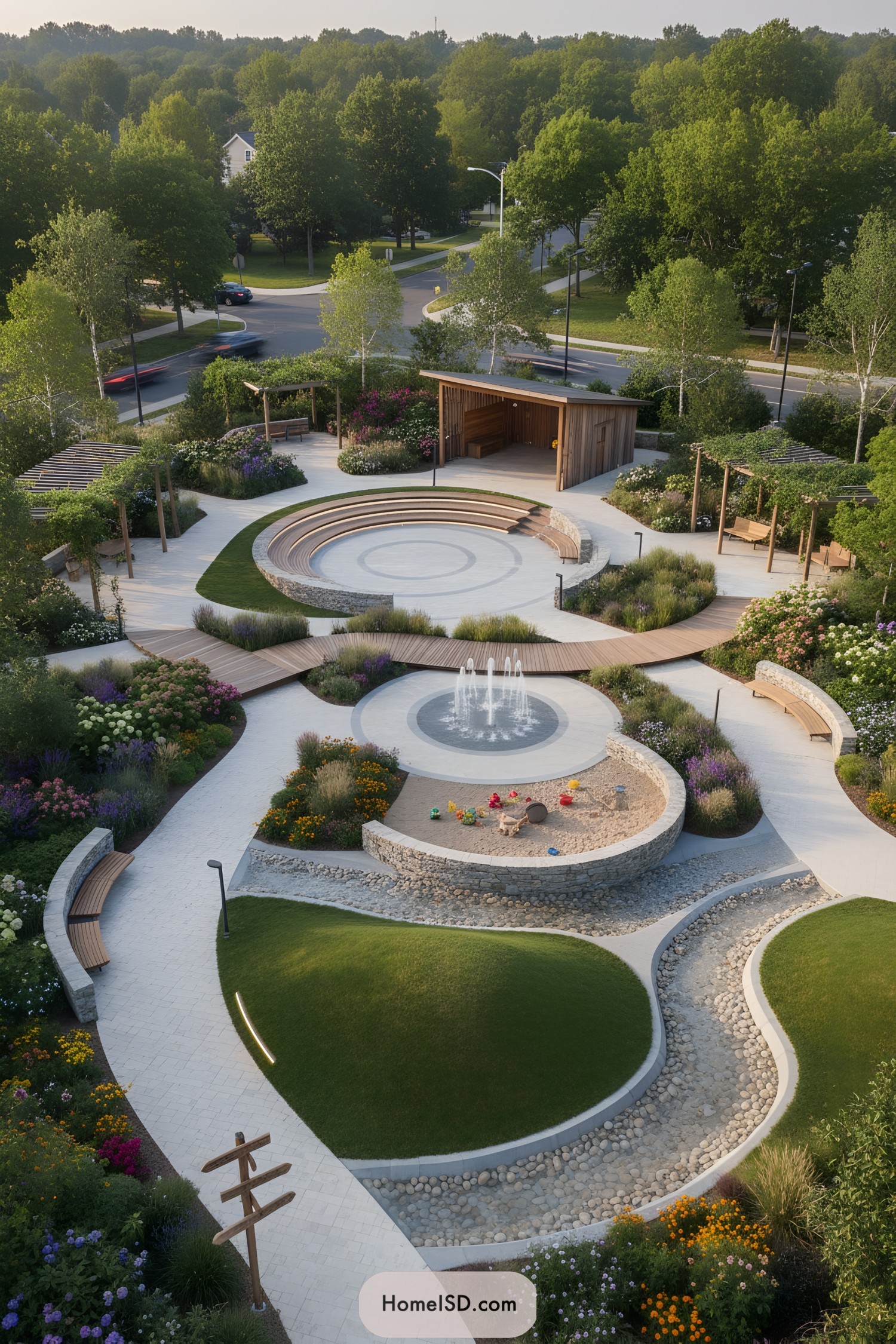 Curved garden playground with amphitheater seating, central fountain, and sandbox