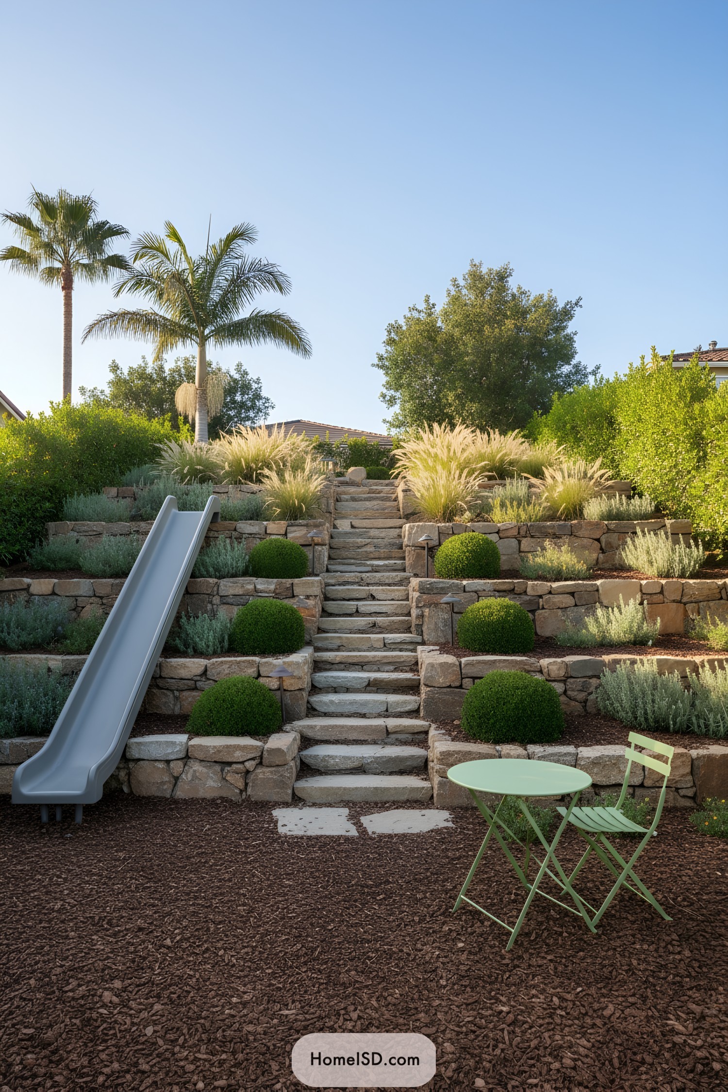 Tiered stone retaining walls with slide and central steps in a lush backyard play garden