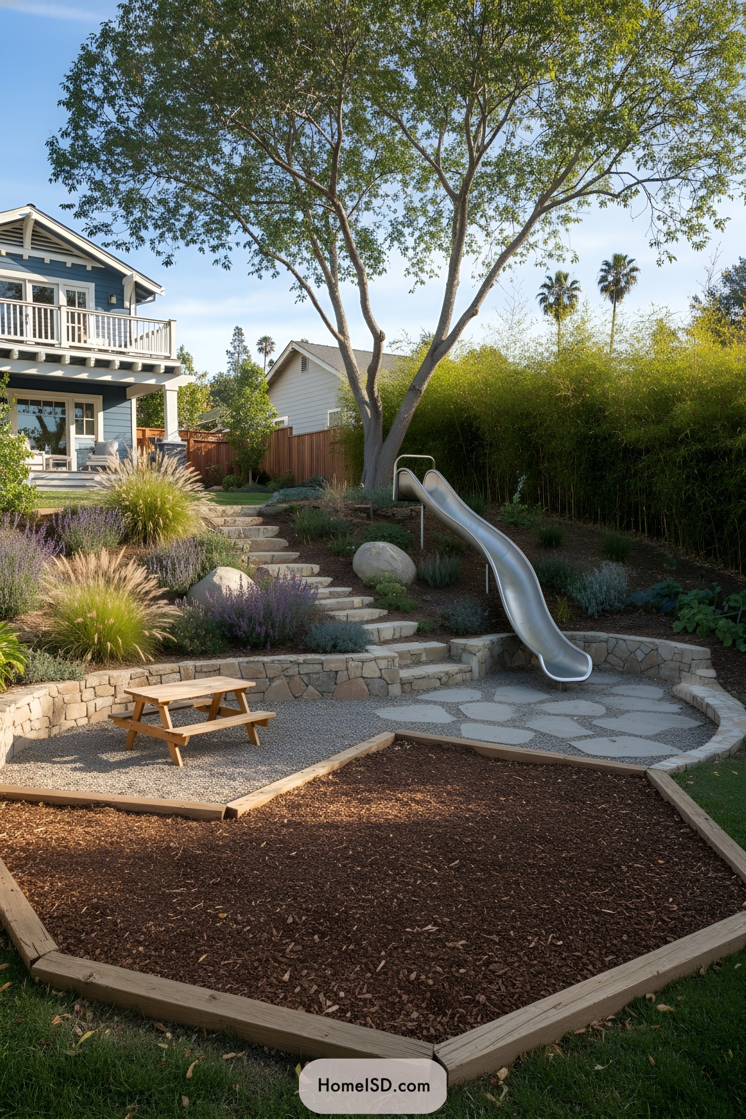 Tiered backyard with slide and kids’ play zones