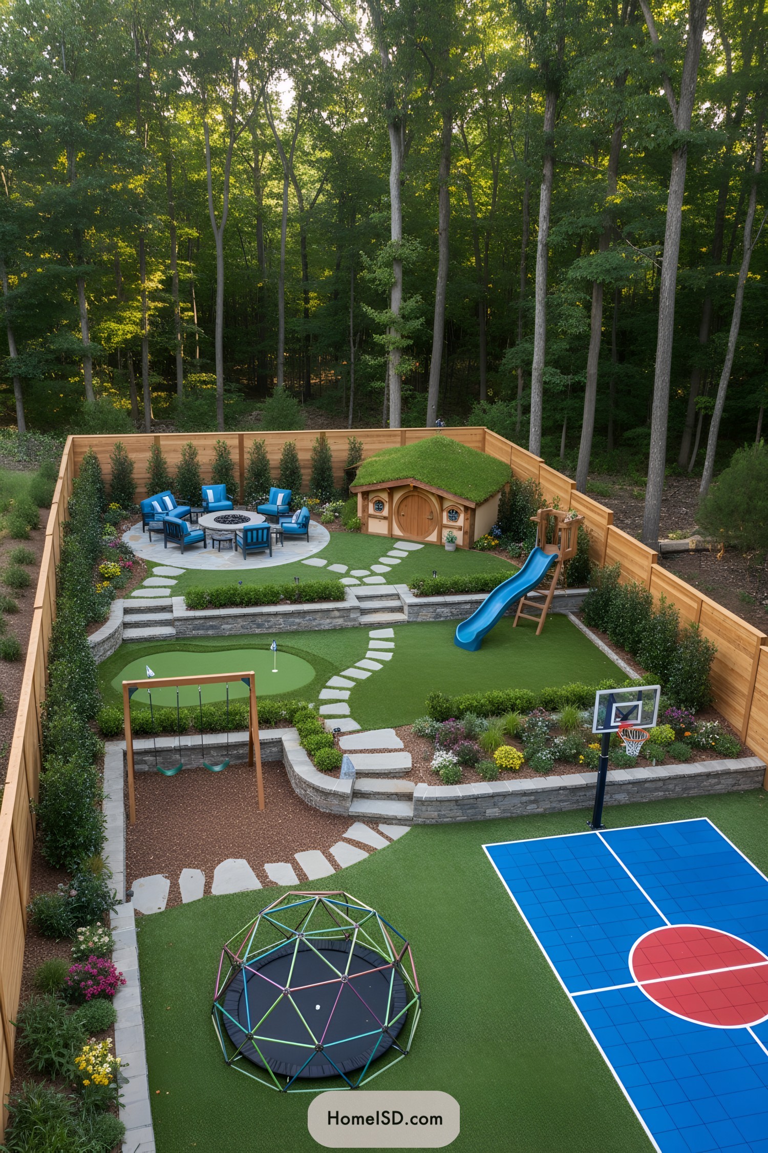 Tiered backyard with hobbit playhouse and sport areas