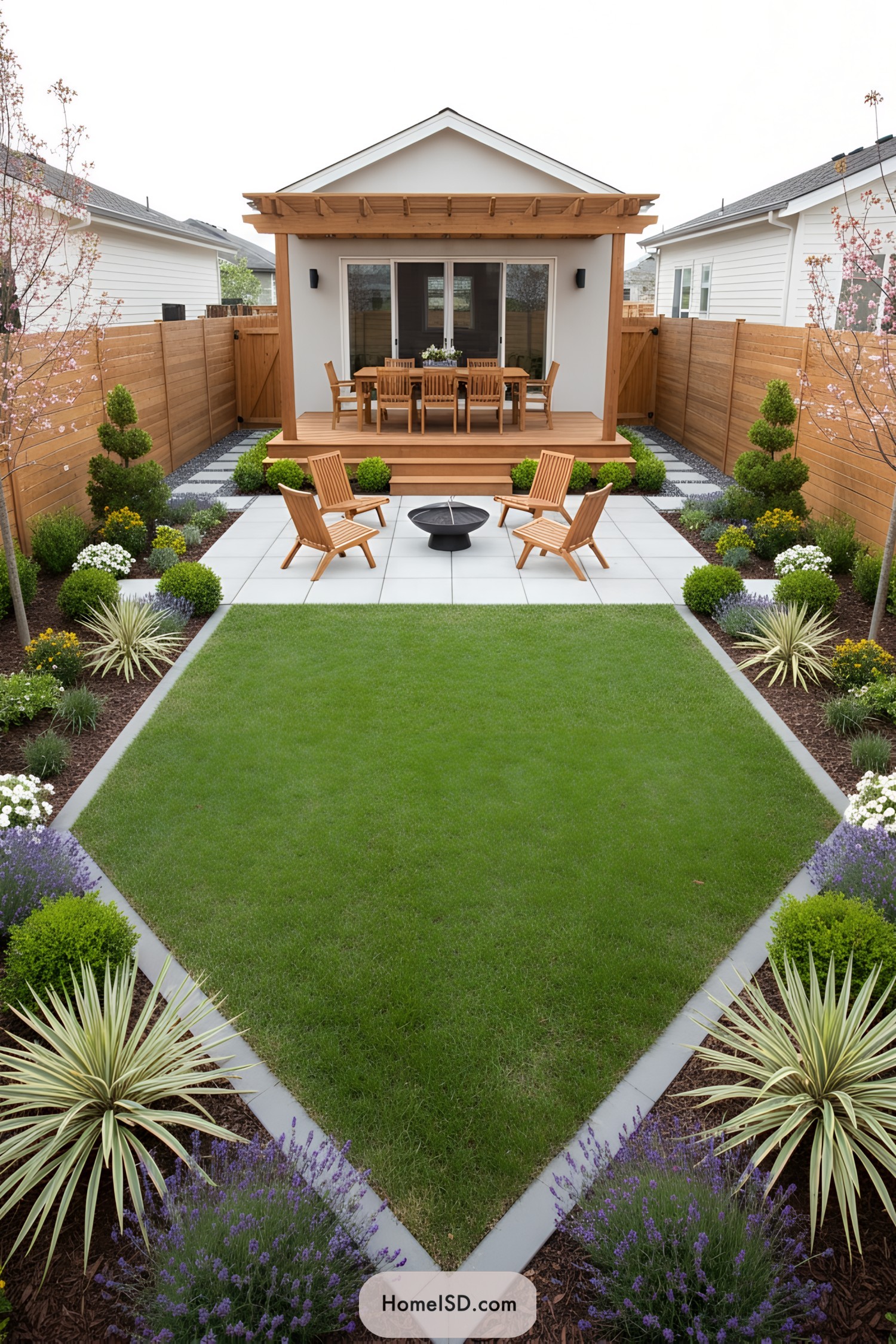 Crisp lawn triangle, cedar deck, and firepit seating